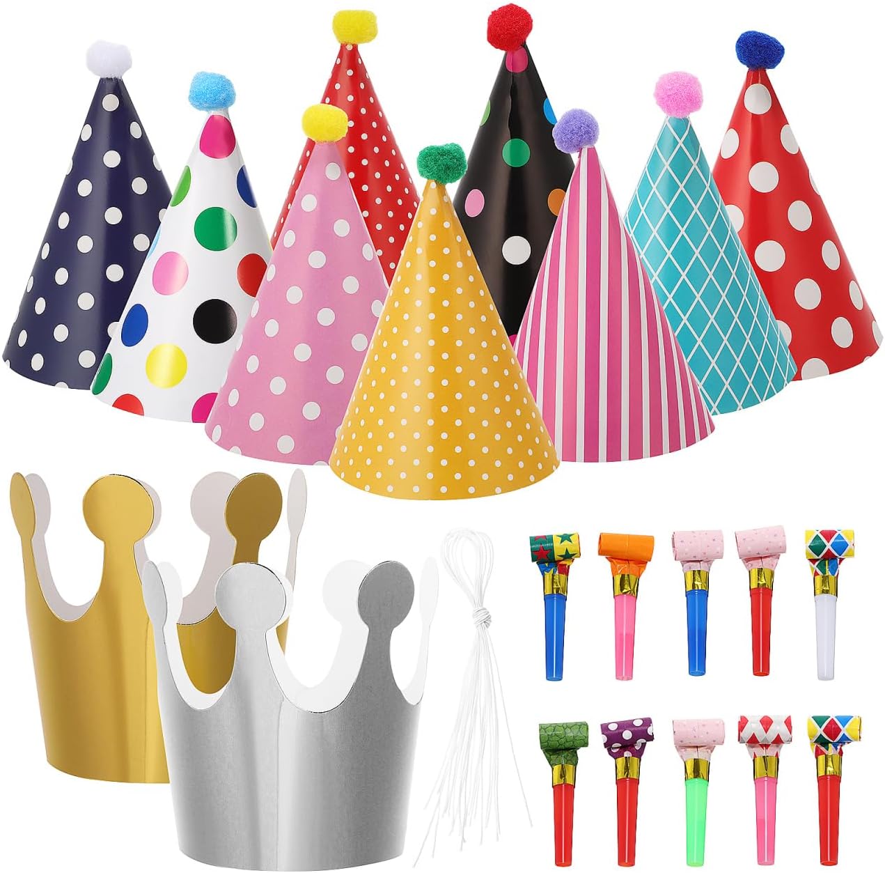 1 Set Birthday Party Cone Hats Blowers: Birthday Paper Hat Adorable Colorful Party Blowouts Horns Noisemakers Whistles Decorations for Photo Props