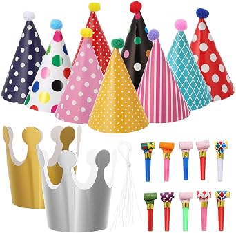 Birthday Party Hats and Blowouts Set, Colorful Paper