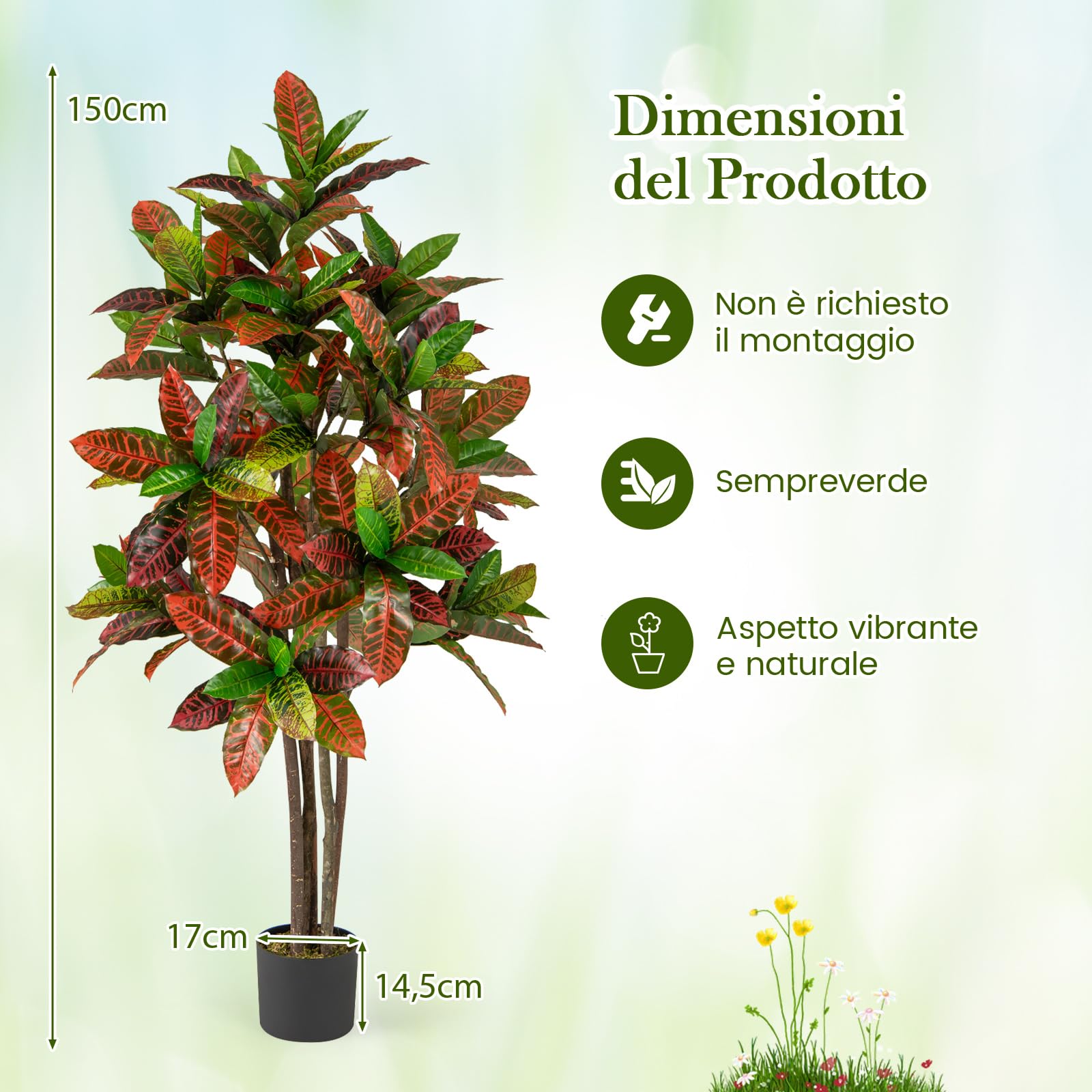 COSTWAY Pianta Finta di Croton 150 cm, Albero Artificiale da Interno ed Esterno, Pianta Tropicale in Vaso con Foglie Sfumate Finte, Ideale per Casa e Ufficio
