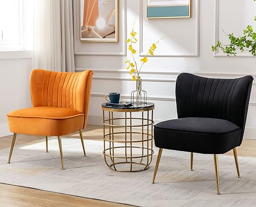 Miniatura 9 de Juego de 2 sillas decorativas de terciopelo modernas tapizadas con patas doradas, cómodas sillas laterales sin brazos con respaldo de ala, sillas