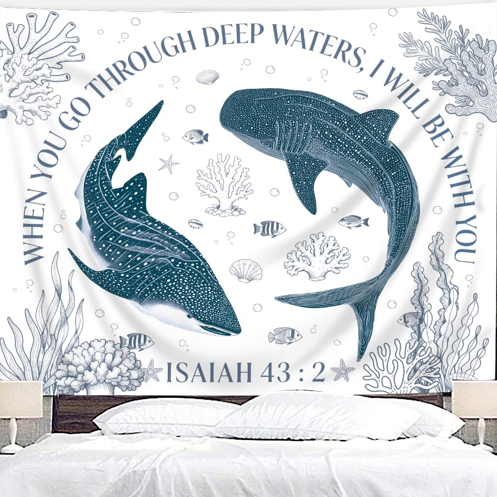 Riyidecor Blue Whale Ocean Christian Tapestry 91Wx71H Inch Isaiah