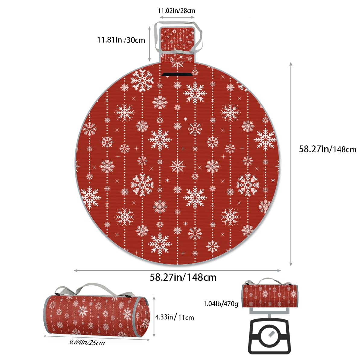 Shimoshe White Snowflakes On Red Background Picnic Outdoor Blanket Foldable Waterproof Sandproof Beach Blanket Portable Water-Resistant Round Picnic Mat for Travel Camping Park Lawn