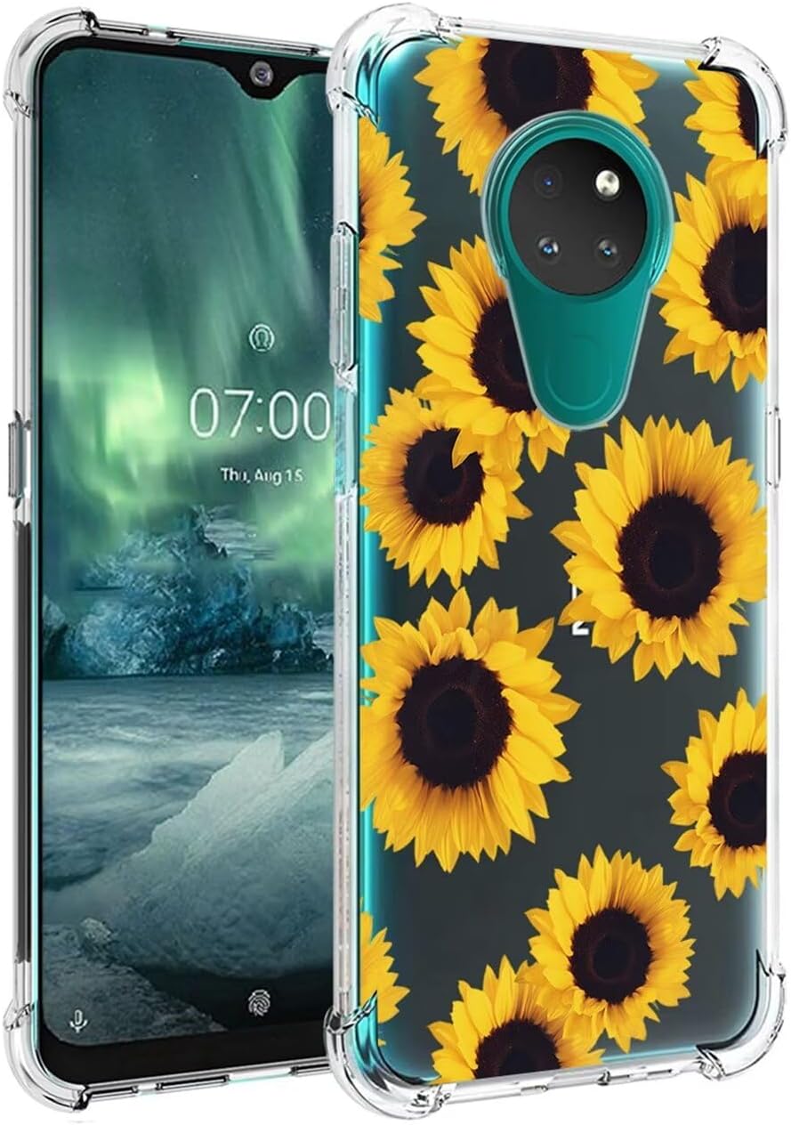 Nokia 6.2 Phone Case Nokia 7.2 TA-1193 Girls Women Slim Shockproof Clear Floral Pattern Soft Flexible TPU Protective Cover for Nokia 7.2 Sunflower