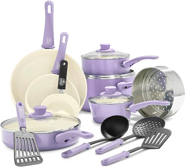 GreenLife Soft Grip Non-Stick 16 Piece Cookware Pots and Pans Set, PFAS Free, Diswasher Safe, Lavender