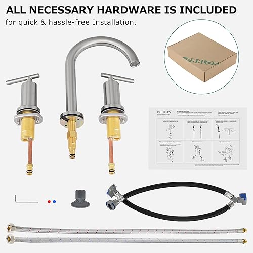 Miniatura 6 de PARLOS Grifo de lavabo de baño de 2 manijas de 8 pulgadas, 3 agujeros con líneas de suministro de grifo cUPC, níquel cepillado, 1.2 GPM, 1437402PD