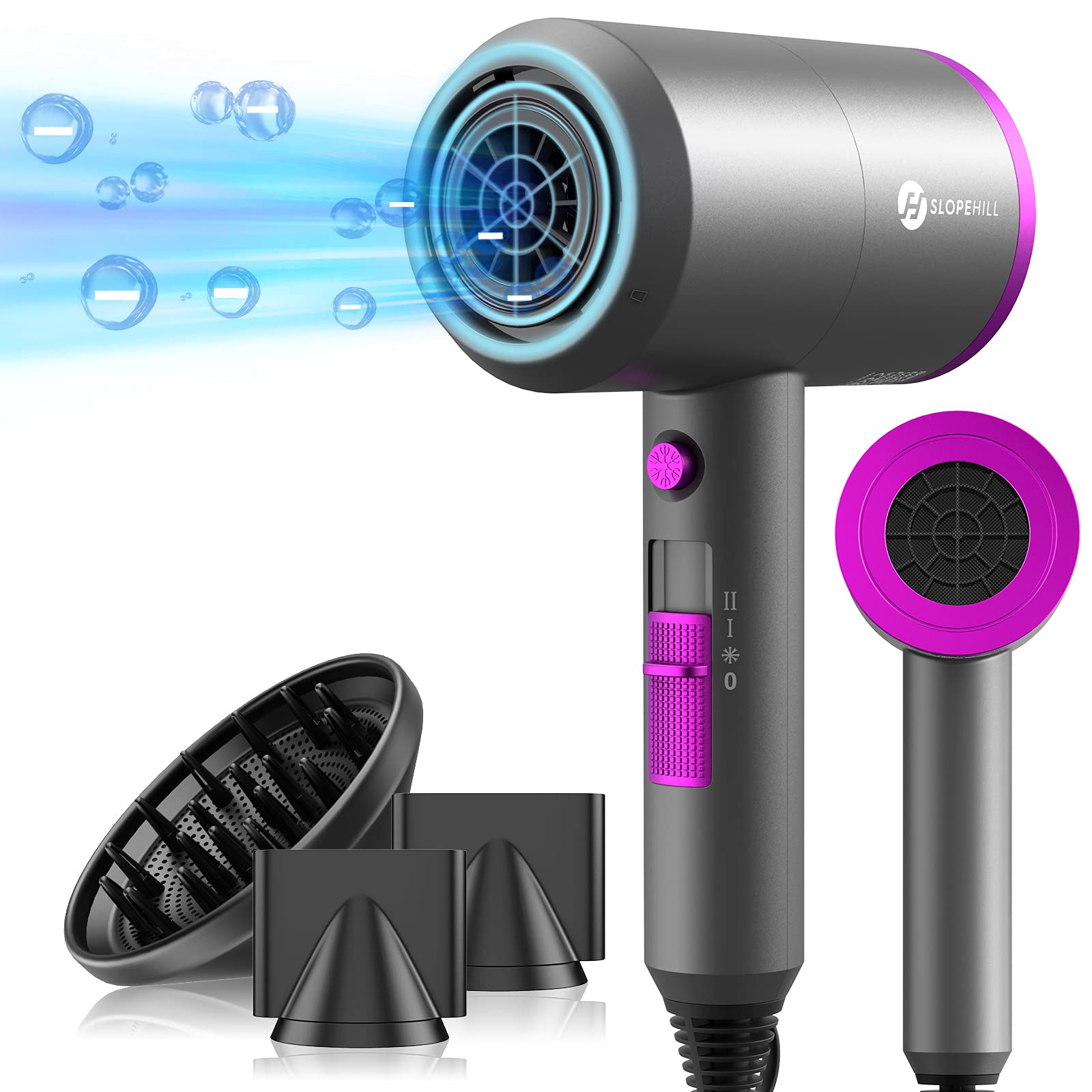 Slopehill secador de pelo ionico,secador pelo profesional Motor AC 1800W, Rápido Secado Cabello, 3 Temperaturas 2 Velocidades, Botón Aire Frío, 2 Concentradores y 1 Difusor (Gris Oscuro)