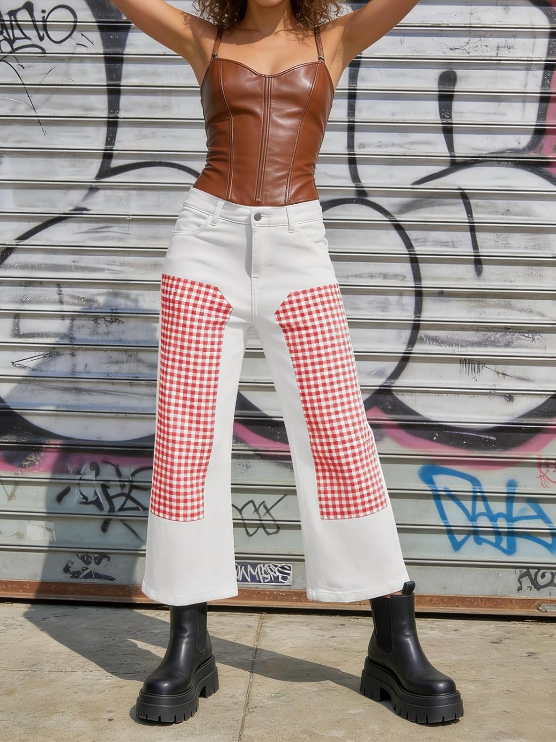 Tankaneo Womens Cropped Jeans Casual High Waisted Patchwork Pants image 5