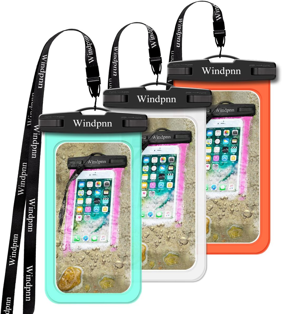 Windpnn 3 Pack Universal Cellphone Waterproof Case, Clear Transparent Dry Bag Pouch for Outdoor Activitie Swimming, Surfing, Fishing, Skiing, Boating, Beach(White, Orange, Cyan)