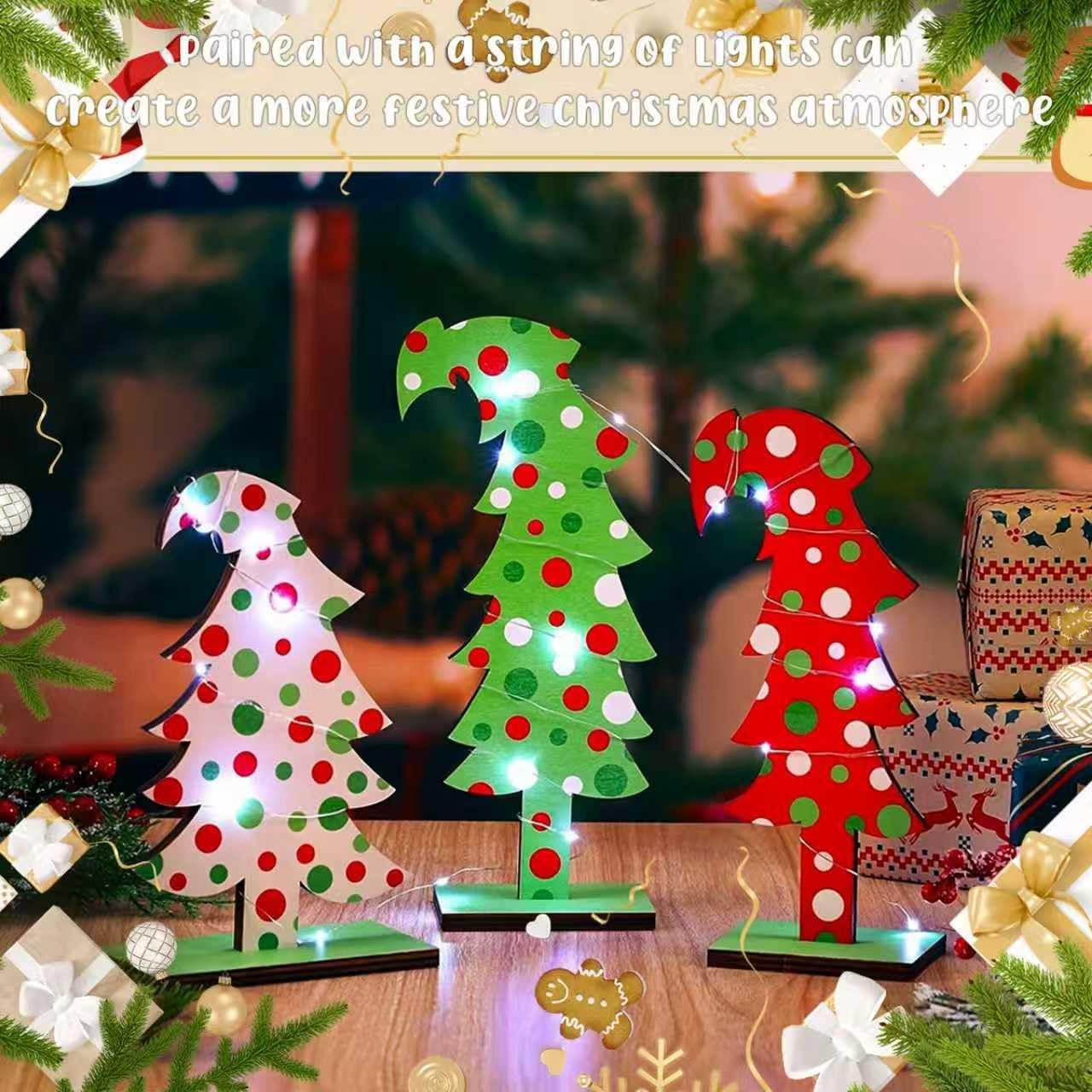 3 Pcs Wood Christmas Tree Tabletop, Lime Green Bendable Mini Christmas Tree Small Decor Farmhouse Standing with Base for Home Office Tabletop Decoration (Polka dot)
