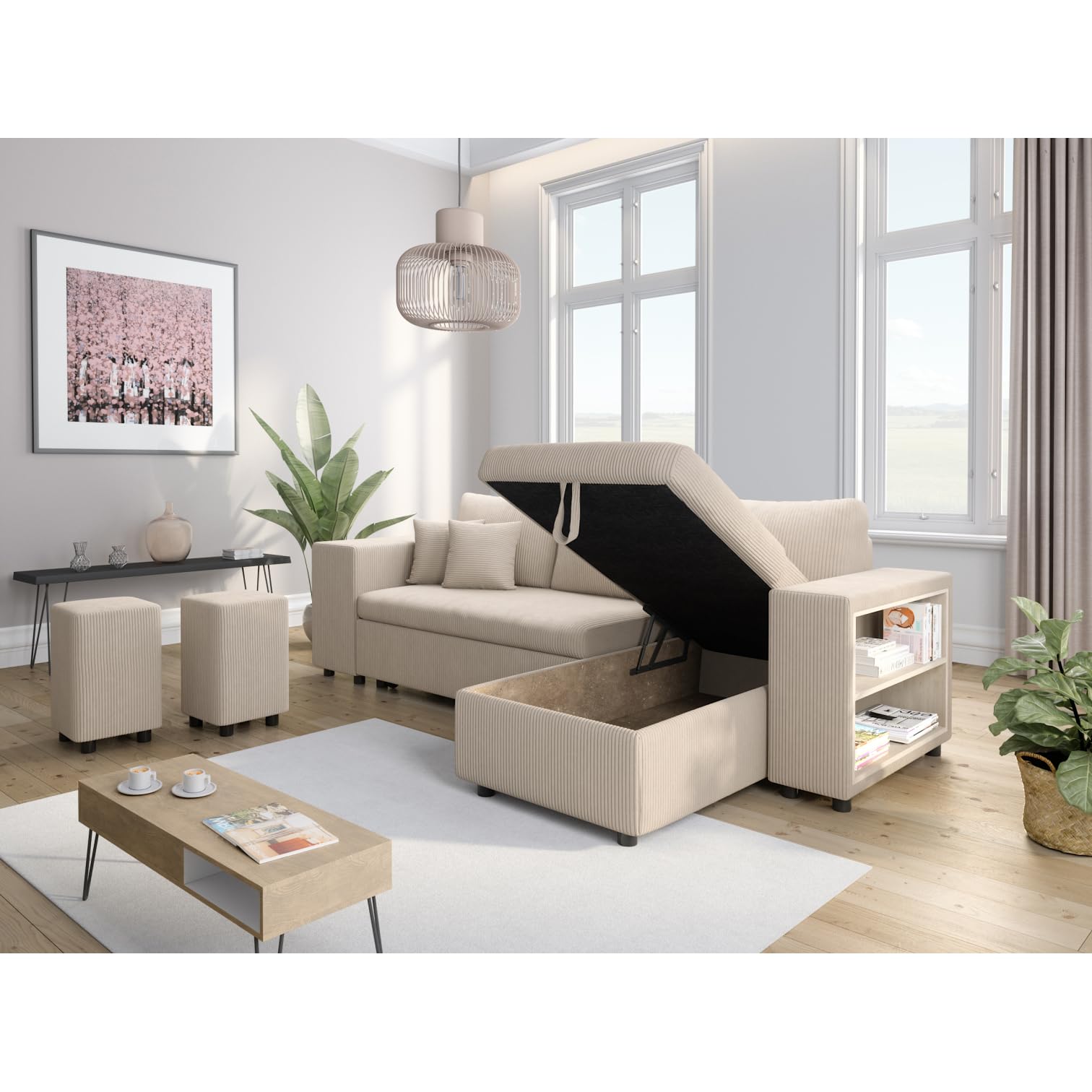 LOUNGITUDE Canapé d'angle Mady Convertible avec Coffre, 2 poufs et étagère en Velours côtelé