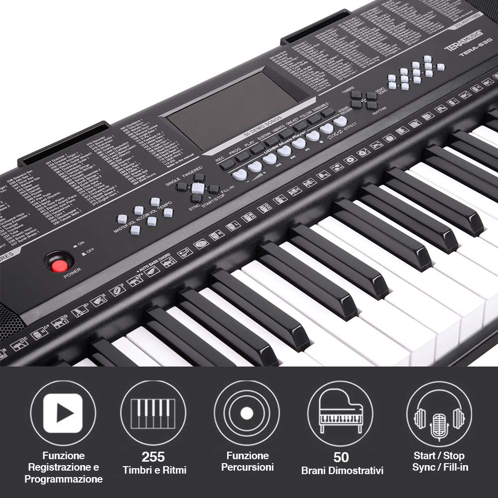 Bakaji Teclado musical piano electrónico 61 teclas piano multifunción con 255 ritmos 50 canciones preestablecidas función percusión entrada USB AUX y atril porta partitura y tablet
