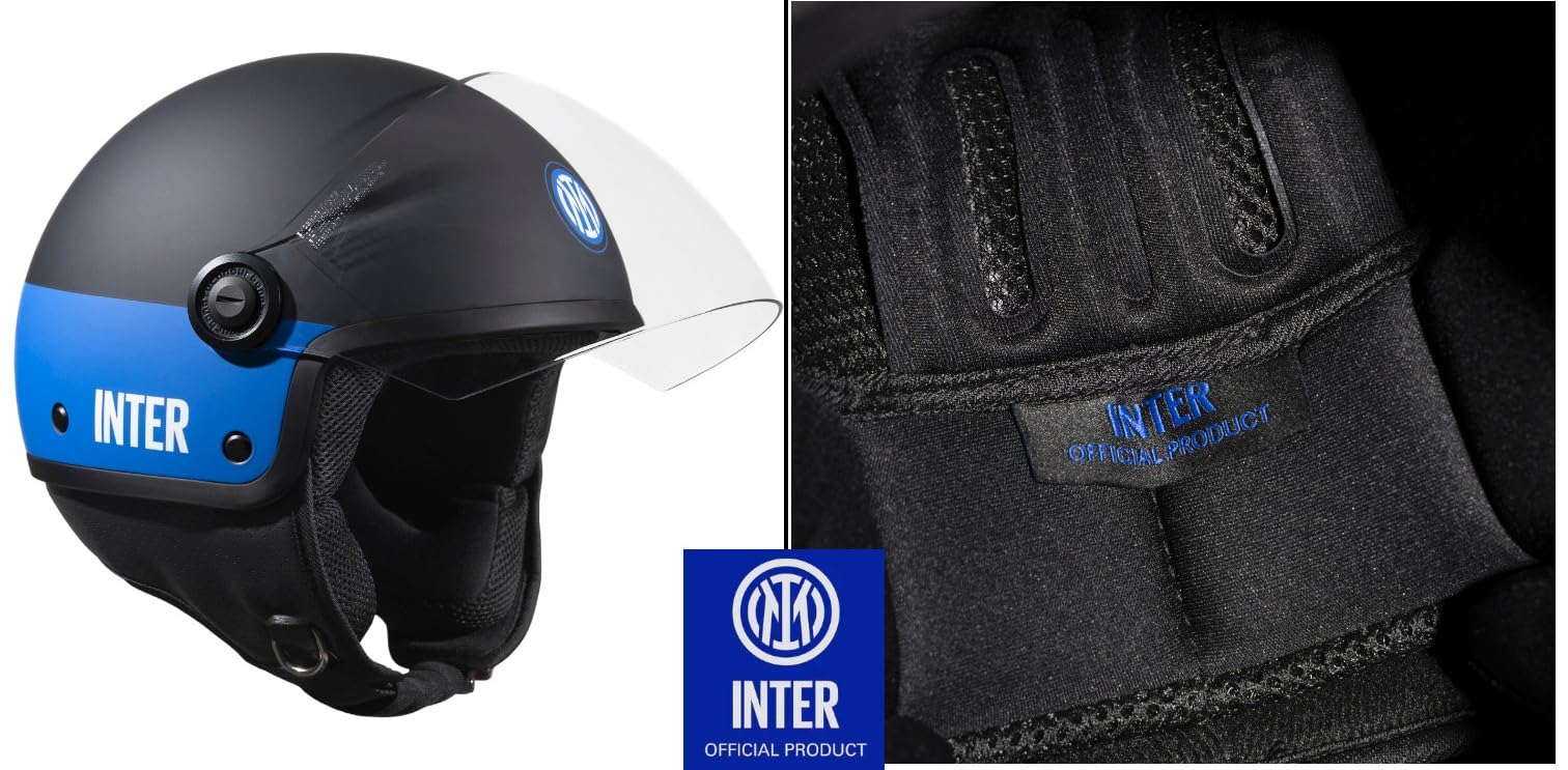 Tucano Urbano casco demi jet unisex EL'JETTIN INTER. Casco moto in policarbonato con grafica originale Inter FC. Casco estate inverno omologato ECE 22.06. Prodotto con Licenza Ufficiale. Nero Tg. S