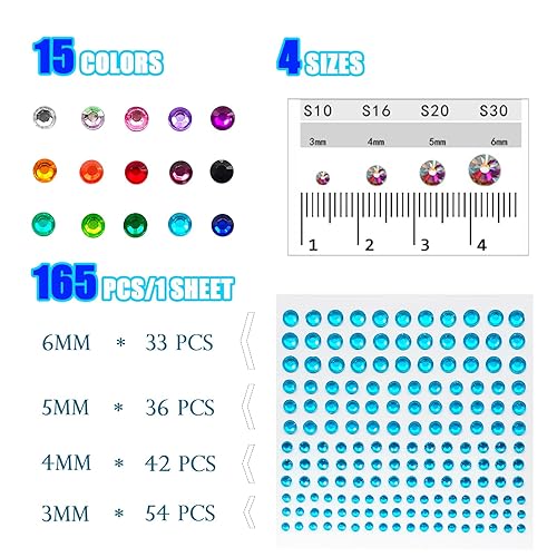 Miniatura 3 de Calcomanías autoadhesivas de gemas y perlas para rostro, 4 tamaños de 0.118 pulgadas, 0.175 pulgadas, 0.175 pulgadas, 3 hojas de perlas y 12 hojas