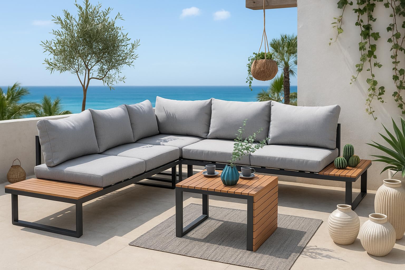 MOMMA HOME Conjunto Muebles de Jardín Rinconera Aluminio y Madera sintética, Terraza y Exterior, Set de Aluminio, Cojines, Mesa, 2 Sofá 2 plazas + rinconera + Mesita Auxiliar (Gray)