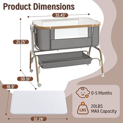 Miniatura 7 de Moisés mecedor para bebé, cuna portátil desmontable y cuna ajustable con 8 alturas, malla transpirable, cesta de almacenamiento y juguete móvil para