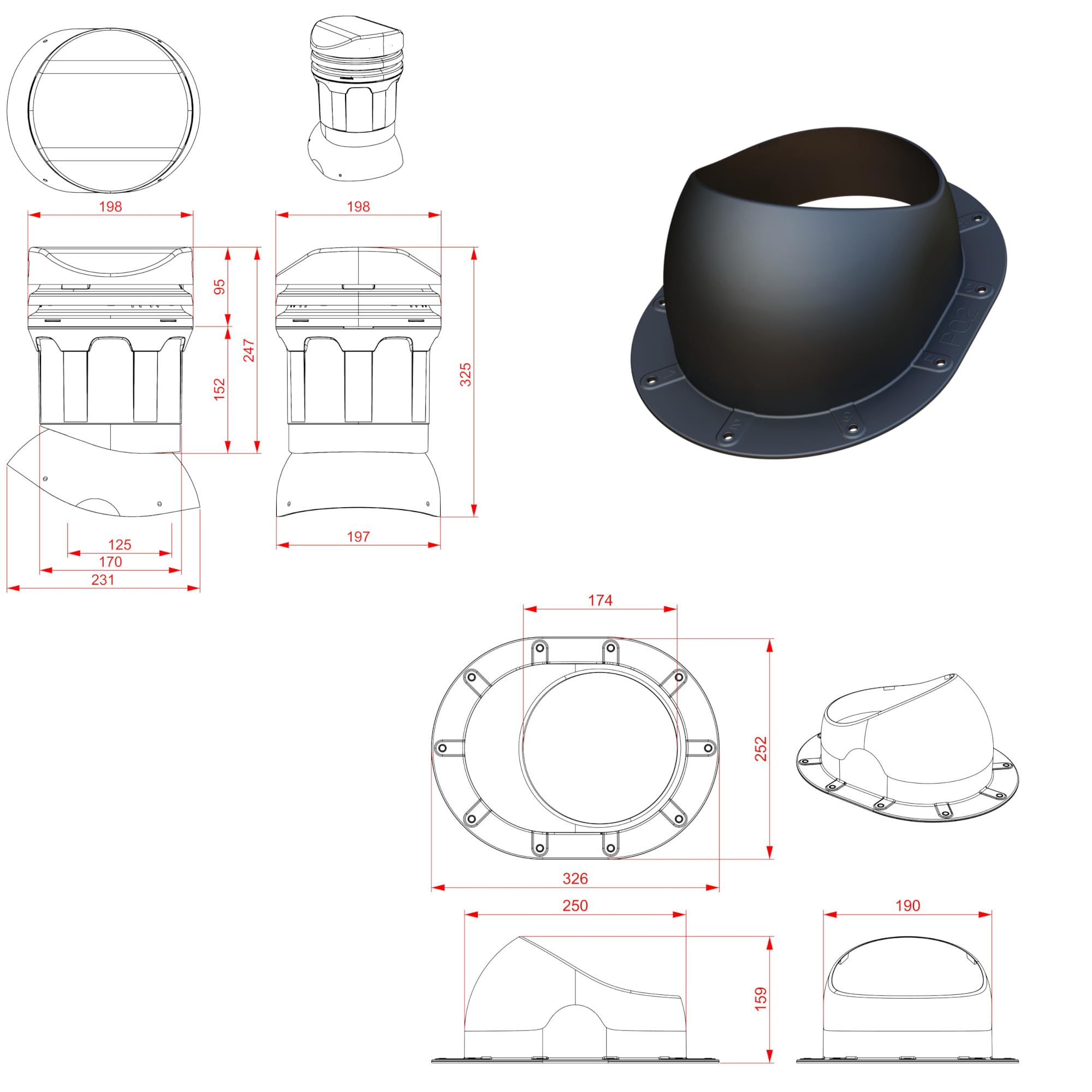 Parotec Entlüftungskamin DN 125 mm – niedrige 325 mm – passiv Dachlüfter für PLATTDACH/TRAPEZBLECH/DOPPELFALZBLECH Dachziegel – Dachentlüftung | Lüftungsziegel – RAL 7016 Anthrazit