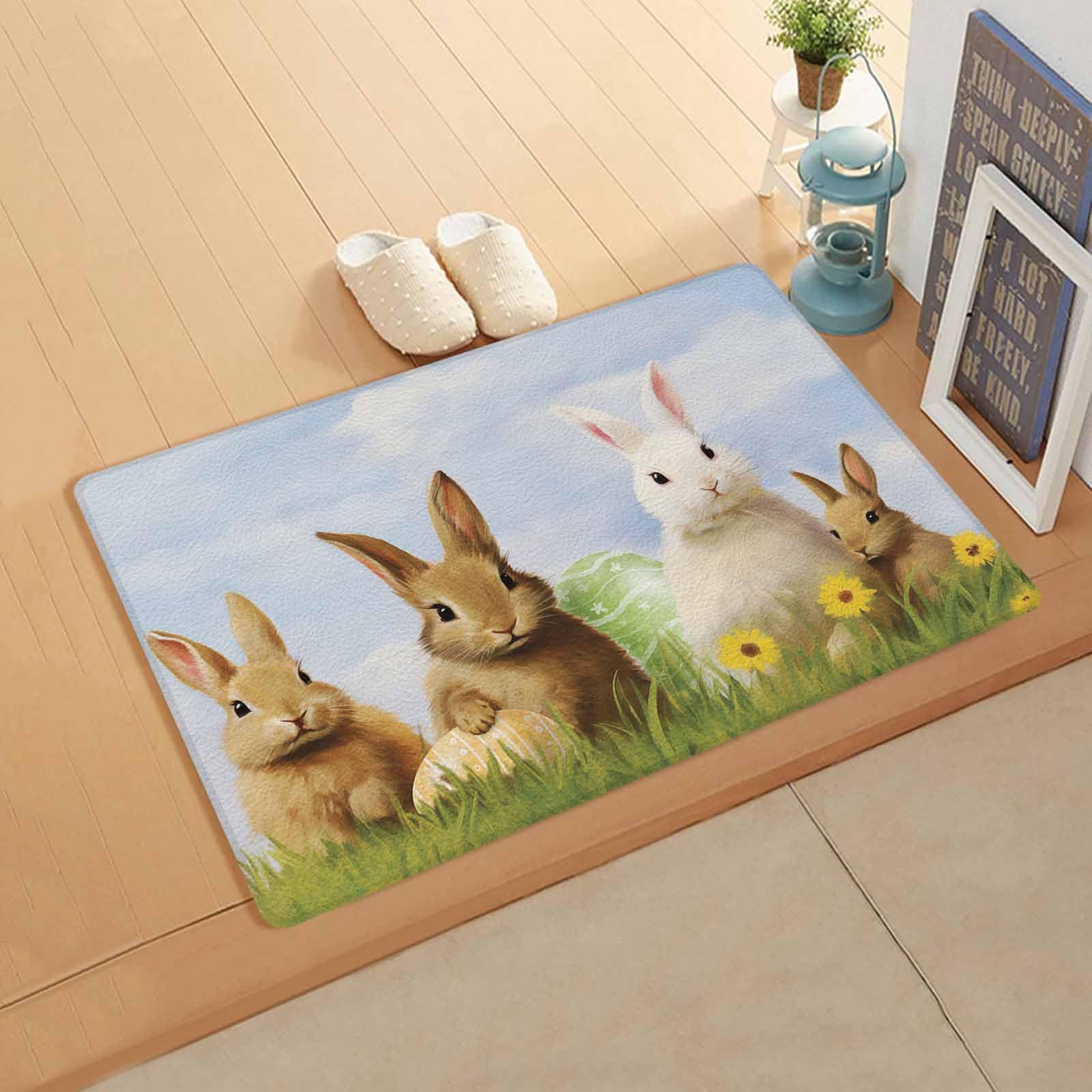 Easter Bunny Eggs Kitchen Bath Door Mat Cushioned Runner Rug,Washable Welcome Floor Sink Antifatigue Mat,Waterproof & Non-Slip Comfort Standing Doormat,Vintage Spring Botanical Plant Painting 18