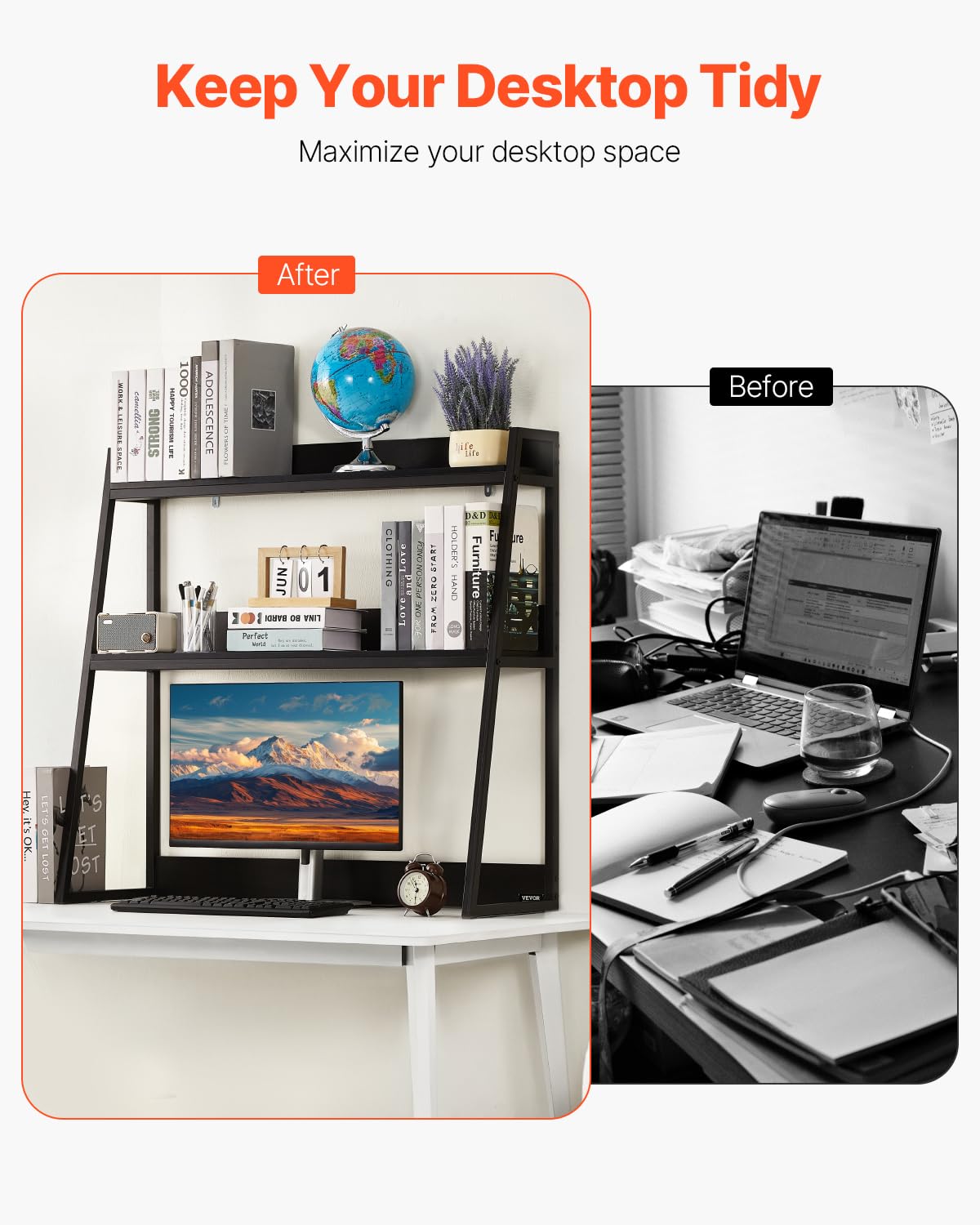 VEVOR Schreibtisch Bücherregal 2-stufiger Organizer (95 x 32 x 90 cm) Tischregale Organizer Ausstellungsregal aus Spanplatten + Melaminpapier + Q195A, Regal mit rutschfesten Füßen, Büro schwarz