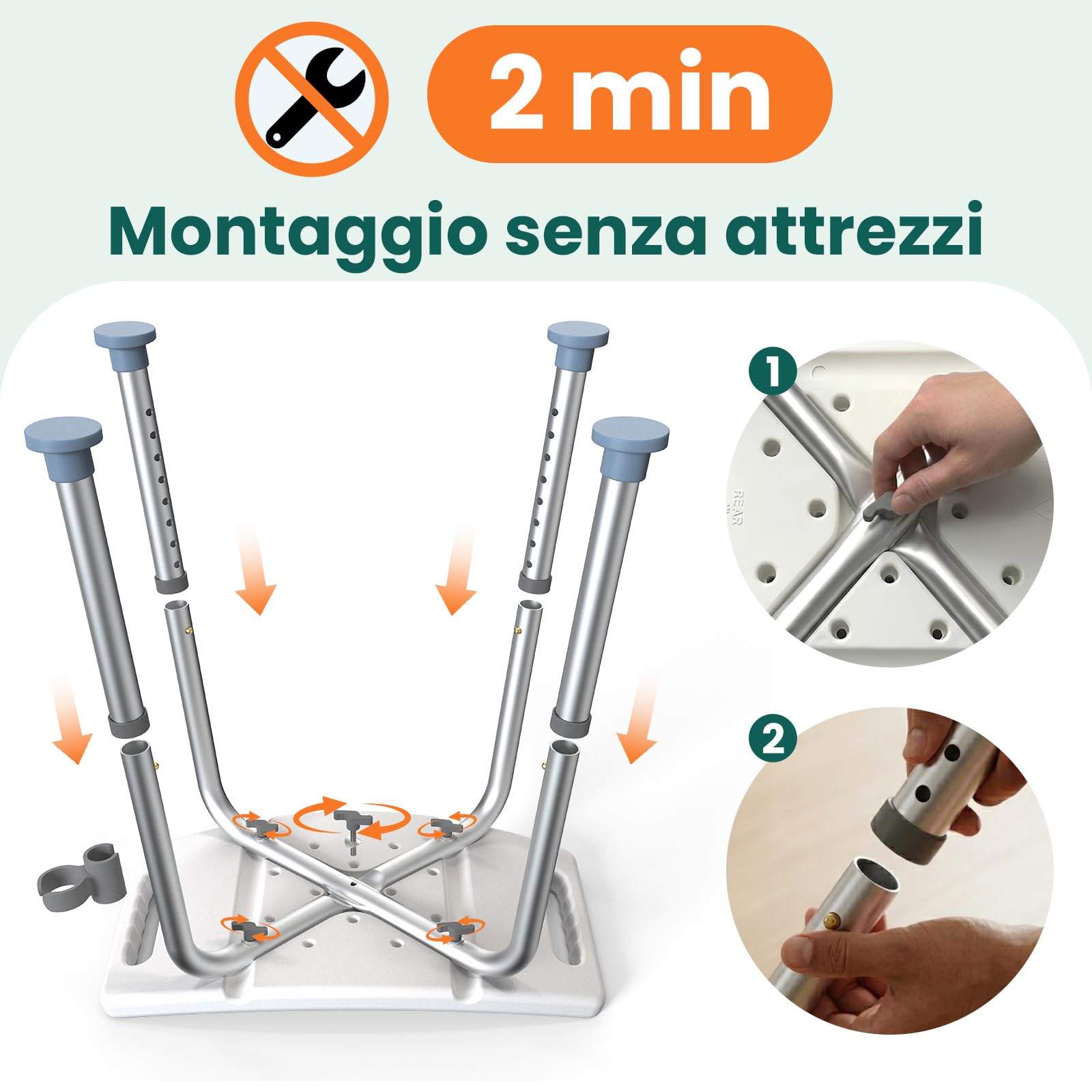 LC02 Sgabello Doccia per Anziani, Sedia Doccia Antiscivolo Regolabile in Altezza fino a 158 kg, Sedia per Doccia Leggera con Seduta Curva e Maniglie Integrate, per Disabili e Gravidanza