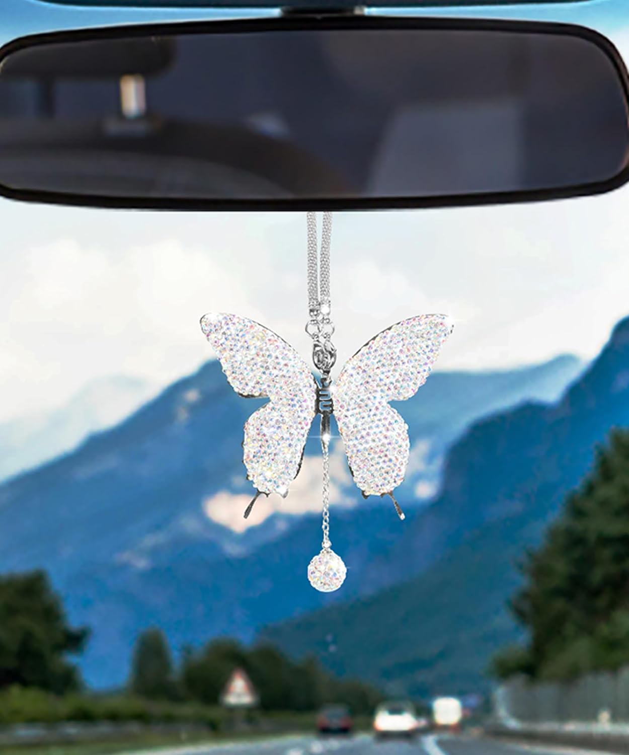 ESEWALAS Car Decor,Crystal Butterfly Diamond Car Mirror