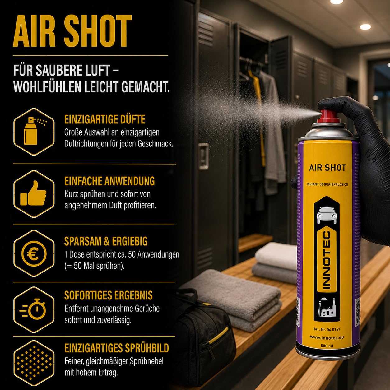4Stück Innotec Air Shot Clean Grün Instant-Duftexplosion - Hochwertiger Duftspray - Spezielles Parfüm mit organischen Lösungsmitteln - Silikonfrei - leistungsfähiger Duft beseitigt unangenehme Gerüche