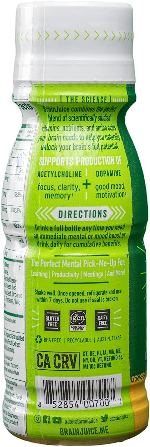 BrainJuice Brain Booster Shot, Original Peach Mango | Brain Support Supplement with Alpha GPC, B5, B6, B12 | Improved Energy, Memory, Focus, Clarity, & Mood | Gluten-Free, Non-GMO | 2.5 fl oz, 12 Pack