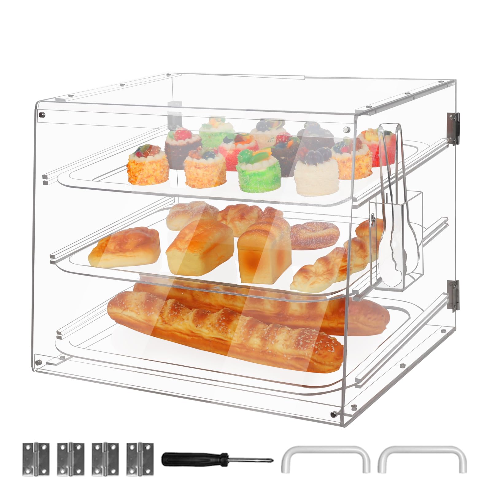 Acrylic Pastry Display Case,3-Layer Bakery Display Case,Commercial Countertop Bakery Display Case,Acrylic Bread Display Cabinet with Food Clip
