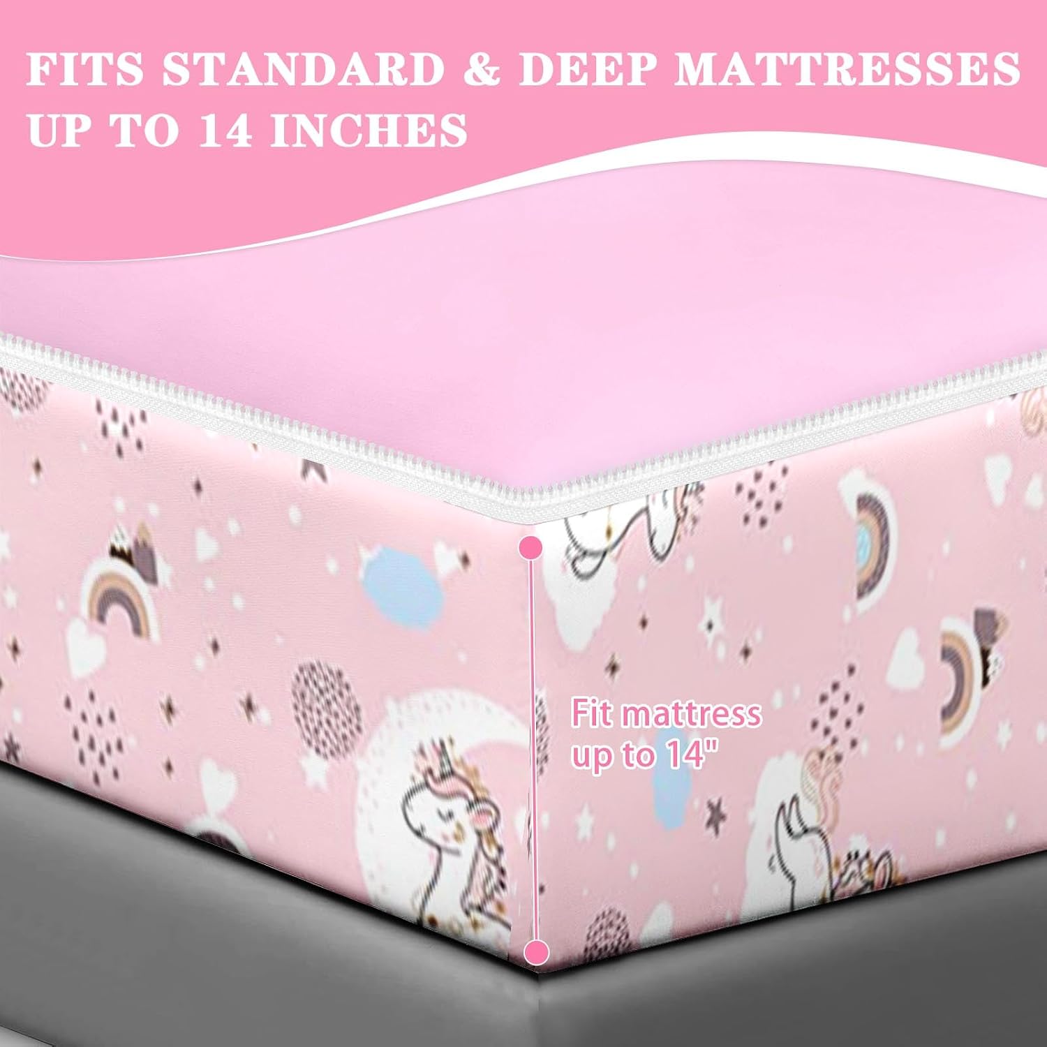 Nesker Zipper Bedding Twin Cute Unicorn Rainbow Zip Up Bedding Set for Girls and Kids, Pink Kawaii Moon 3 Pcs Comforter Bed in a Bag with Fitted Sheet and 2 Pcs Pillowcases