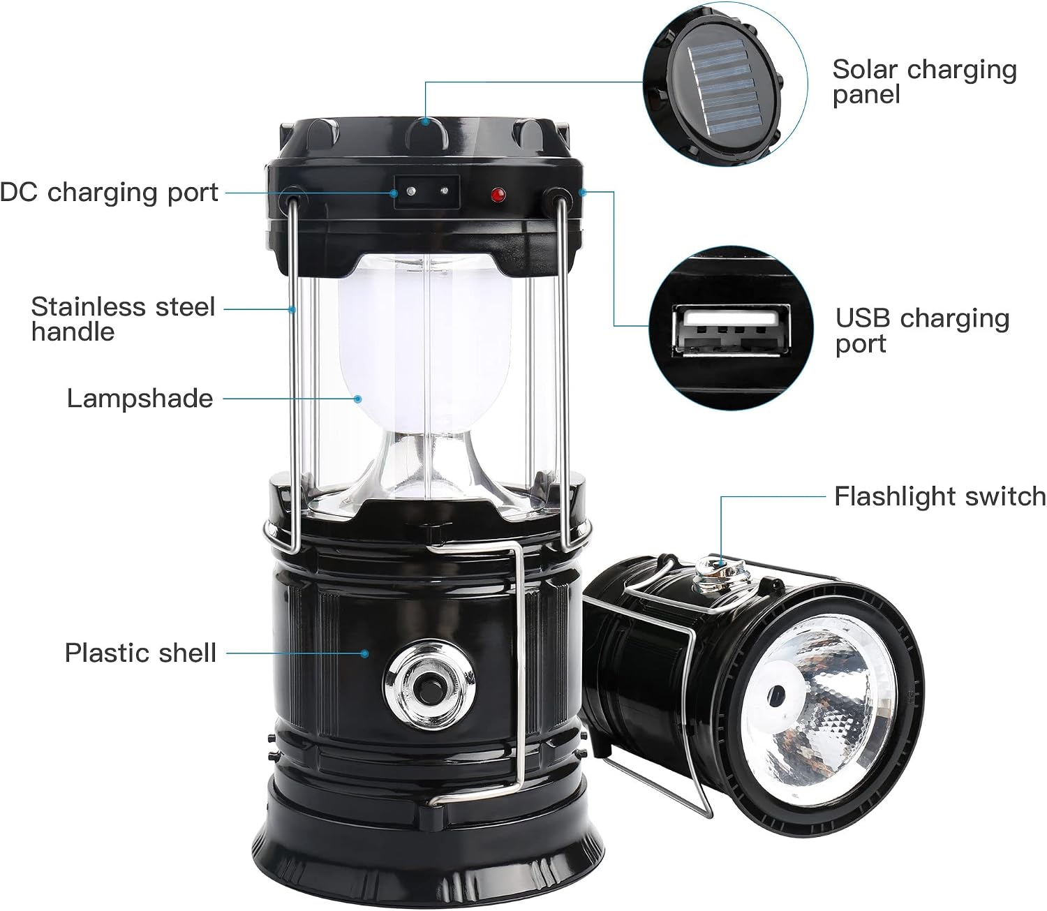2 Pack LED Camping Lantern Solar Lantern, Collapsible Solar Camping Lights, Rechargeable Flashlights Portable Survival Light for Hurricane, Emergency, Power Outages, Hiking, Fishing