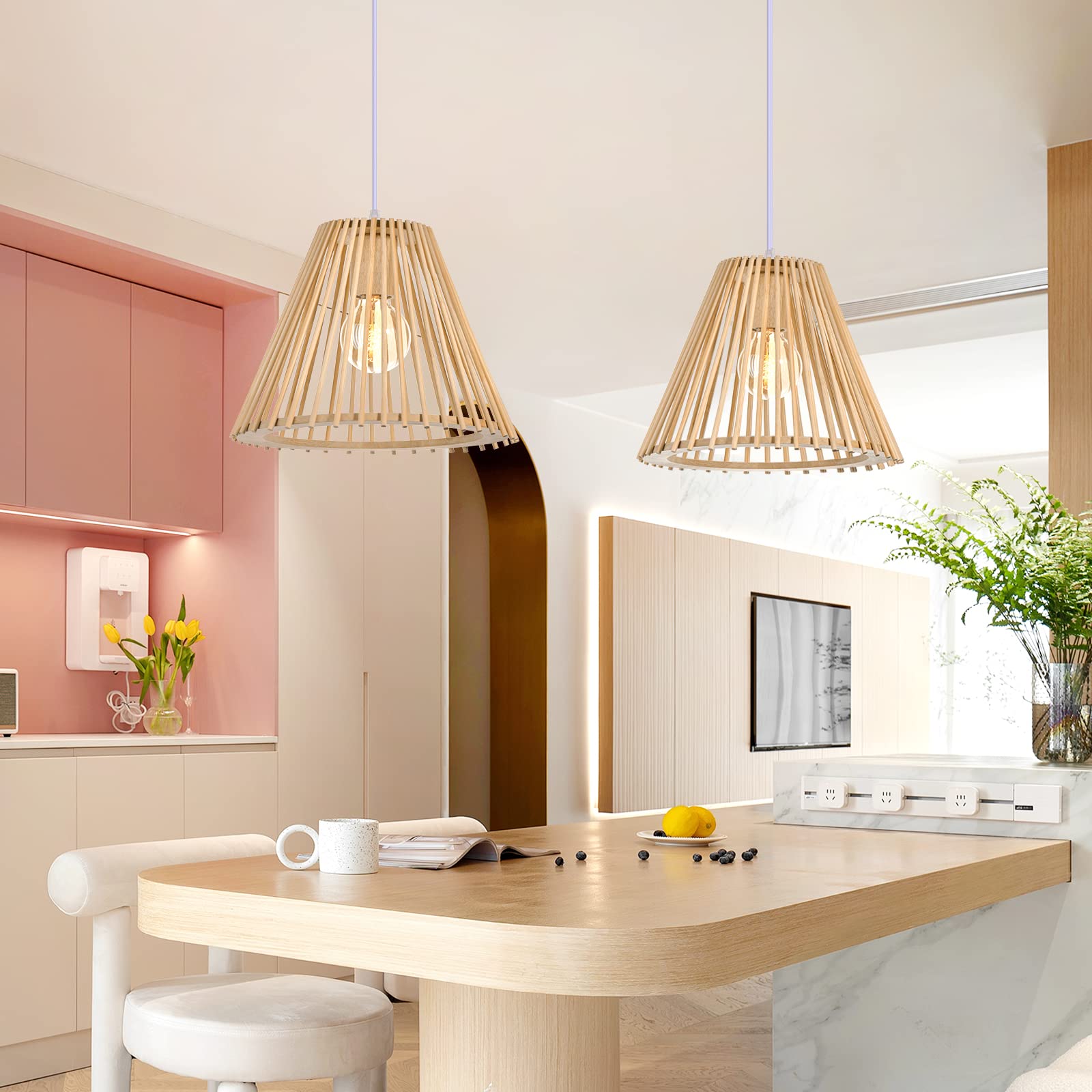 Arturesthome Farmhouse Dome Pendant Light, Wood Ceiling Chandelier, Modern Boho Hanging Lamp Lighting Fixture for Kitchen Dining Room Bedroom Living Room