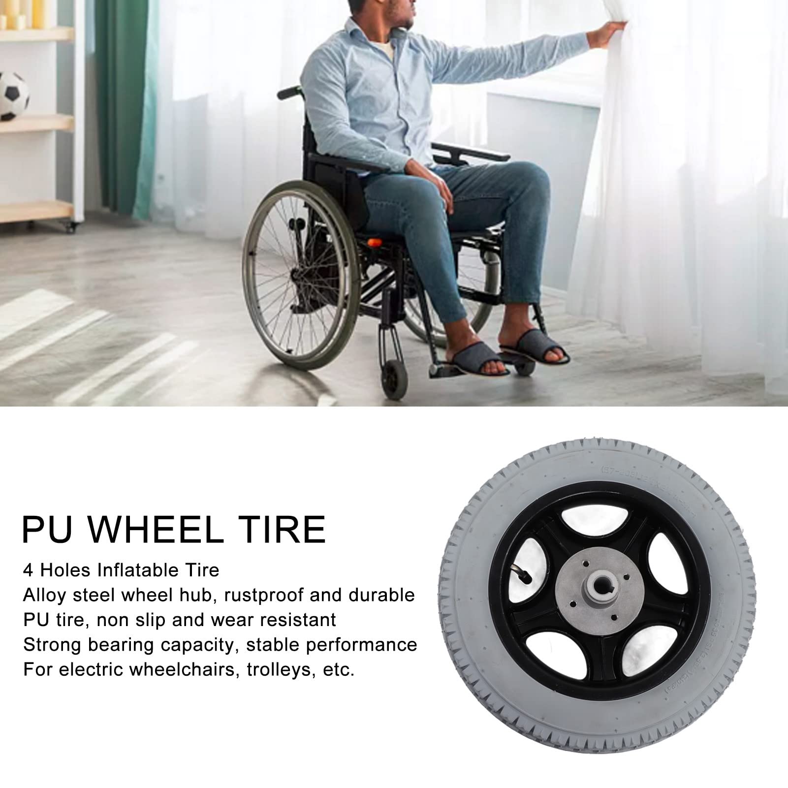 BestAlice Ruedas de Repuesto para Andador, Ruedas de 12,6 Pulgadas para Andador, Rueda Trasera para Silla de Ruedas Eléctrica, Rueda Inflable de PU de 4 Agujeros, Buje de Acero de Aleación, Repuesto D