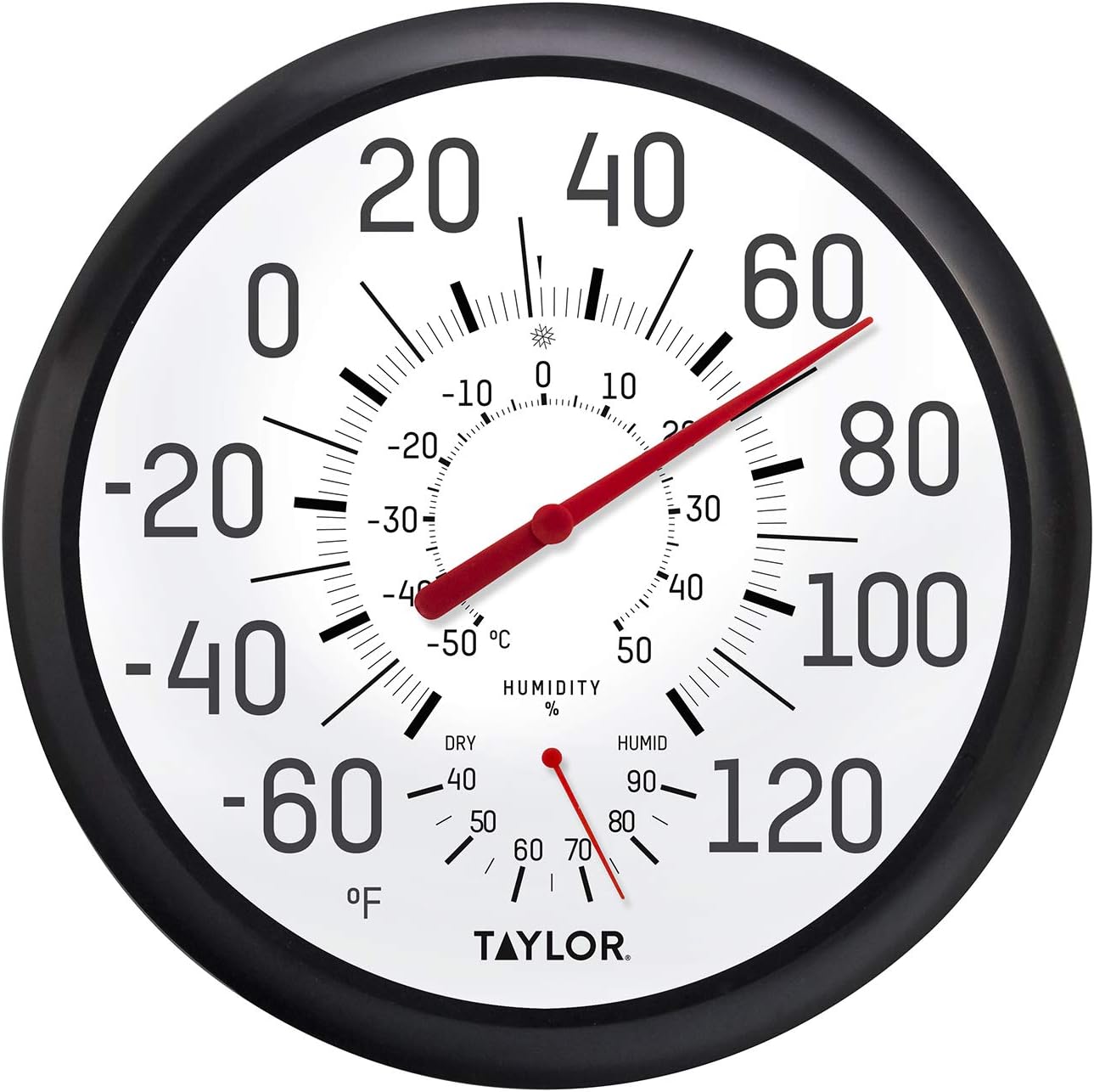 Taylor Wall Thermometer and Humidity Guide, Wireless Thermometer with Easy to Read Large Numbers for Patio, Pool, and Indoor Areas, 13.25-inch, Black
