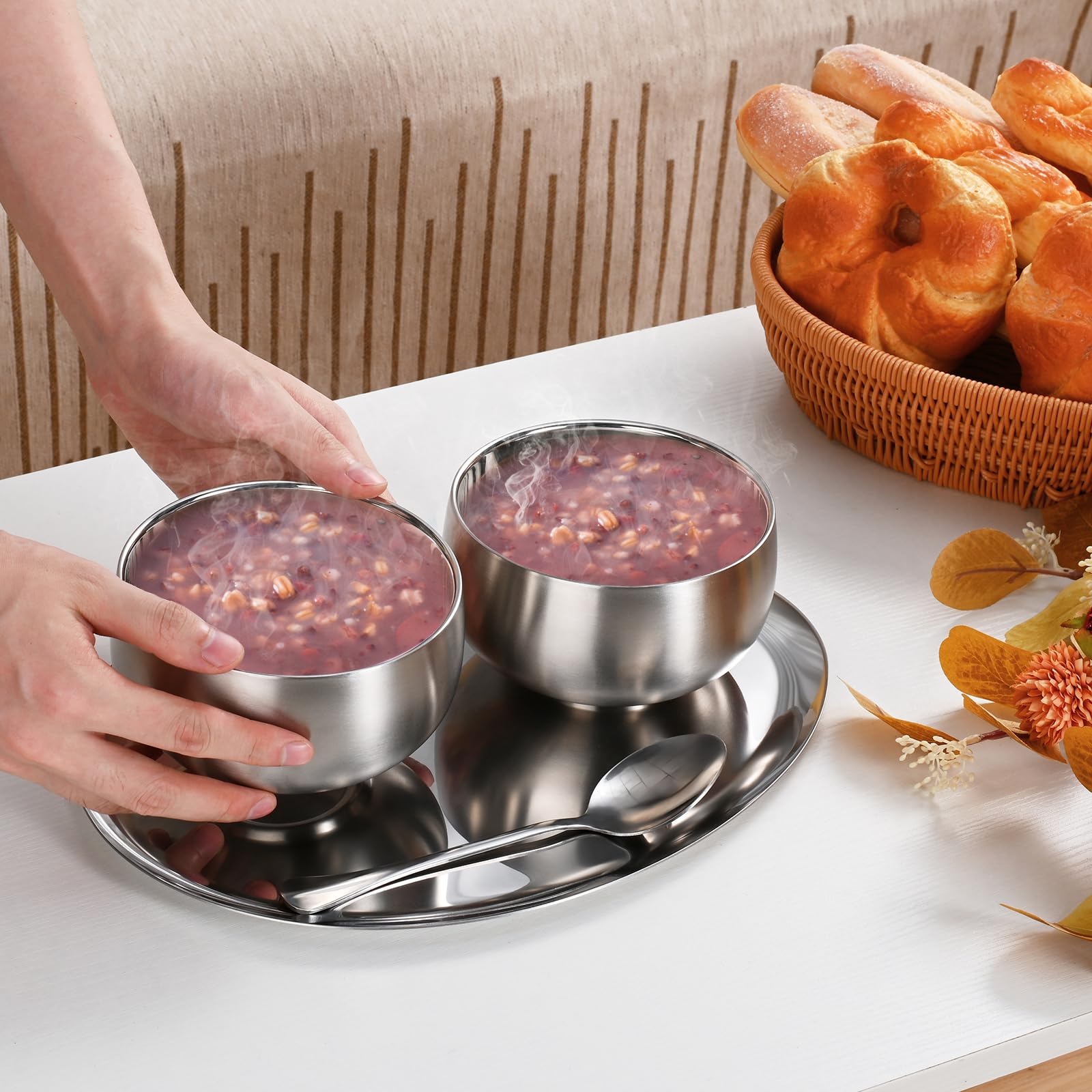 Edelstahl 316# Doppelwandige Vakuumisolierte Schüssel,Doppelwandige Mehrzweck-Servierschalen für Reis,Rutschfeste Snack Schalen,Leichter Kleinkindnapf.Maximale Kapazität 500 ml. 2 Stück