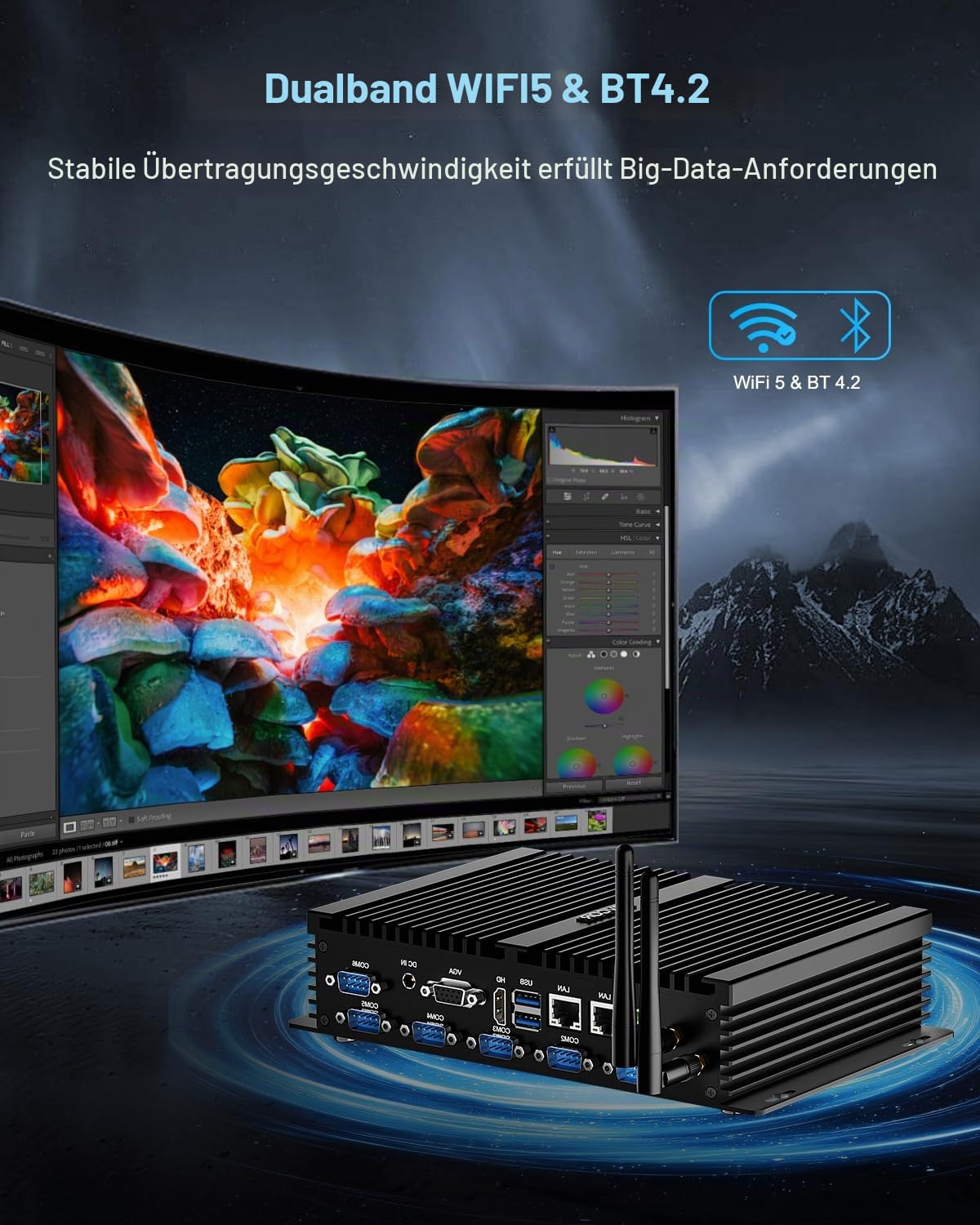 Fanless Mini PC, Industrie Computer with i7-8550U, Lüfterloser PC 8GB RAM 256GB SSD, 2 x 2.5G Gigabit Ethernet, Mini Computer Auto Power on