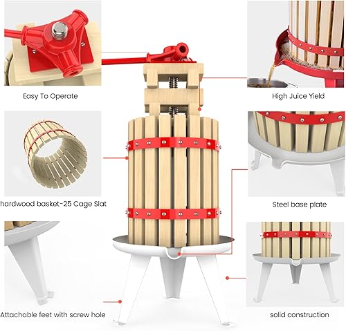 Miniatura 10 de Prensa de vino de frutas  Trituradora manual de manzanas, uvas y bayas 100% natural, cesta de madera maciza con 8 bloques de sidra, prensa para