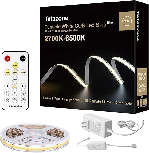Tira de luz LED COB blanca sintonizable de 32.8 pies con control remoto RF, CRI93+ regulable CCT 2700K-6500K COB cinta de luces, tira de luz LED