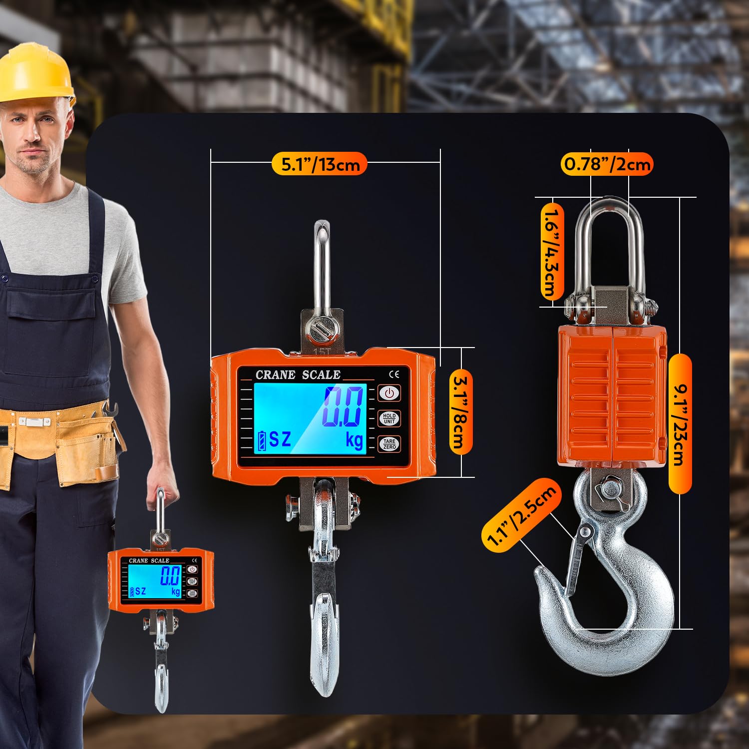 CGOLDENWALL Digitale Kranwaage 1000kg/2200lb, Industrielle Hängewaage mit Umschaltbarem kg/lb/N, LCD-Hintergrundbeleuchtung - Hebezeug-Hakenwaage Ideal für Bauernhöfe, Jagd und Viehzucht