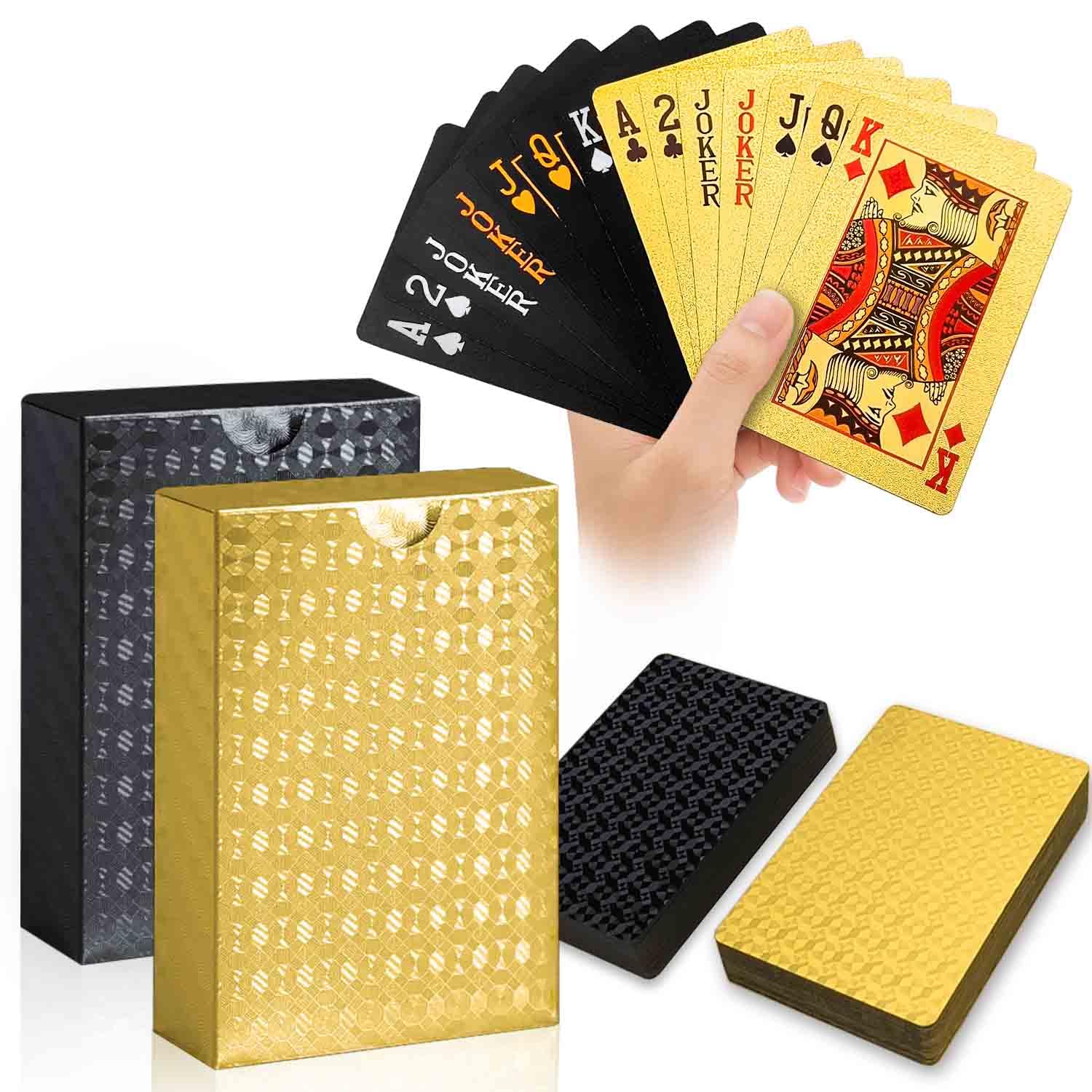 Wugauwor Waterproof Playing Cards 2 Pack, Plastic Poker Cards, Deck of Card, Diamond Plastic Playing Card for Beach Blackjack Texas Canasta Bridge Adult Card Games, Gold & Black