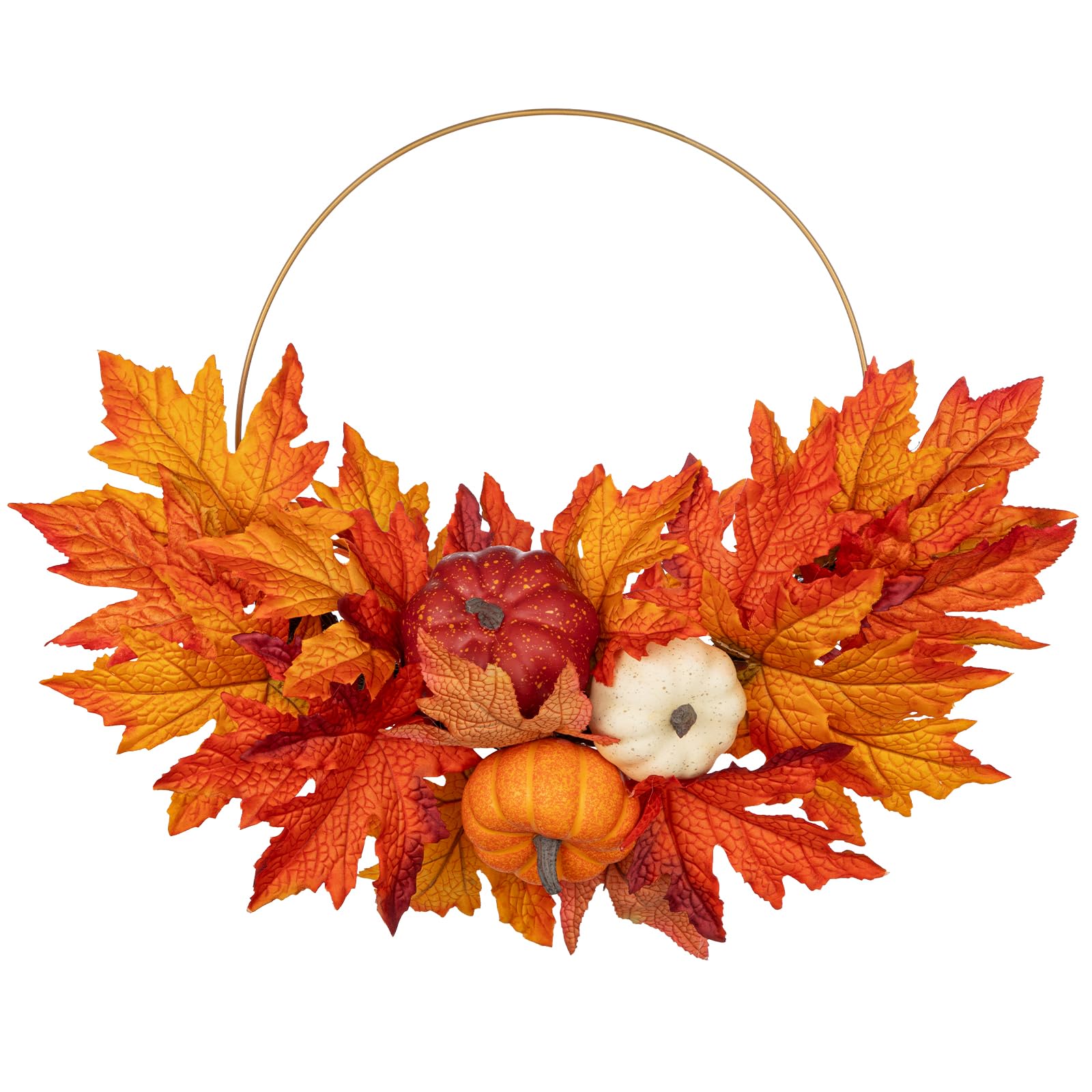 50cm Artificial Autumn Maple Leaves Pumpkin Wreaths Fall Metal Hoop Wreath