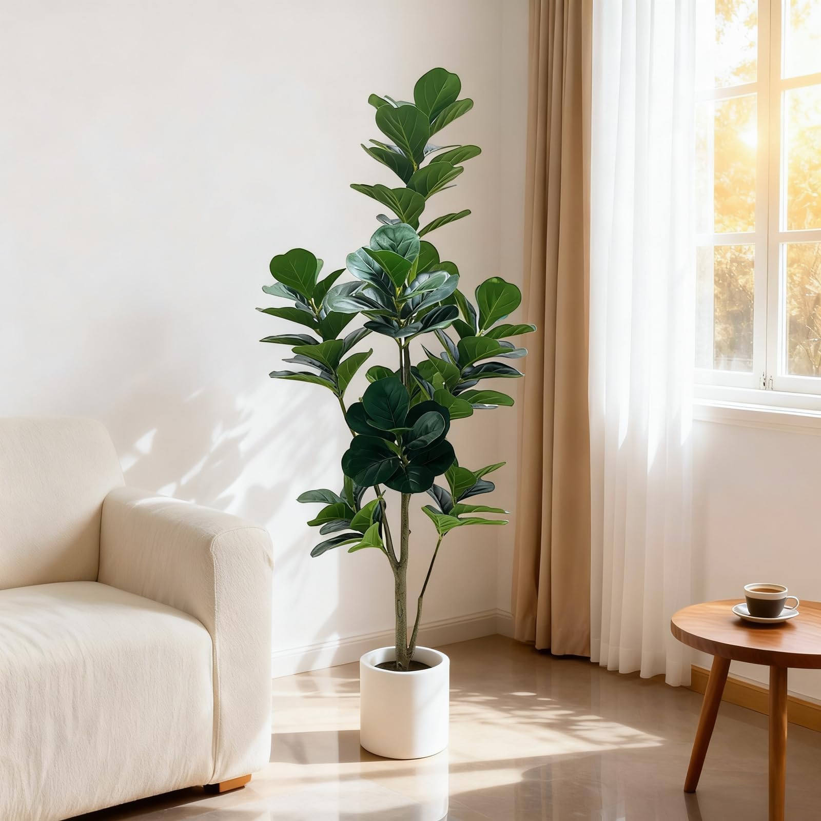 Ficus Artificiel150 cm, Ficus Plante Verte Artificielle Grande en Pot Gris Résistant avec Pierres Décoratives, Fausse Plante Intérieur Extérieur, Arbre Artificiel Décoration Salon Maison Bureau