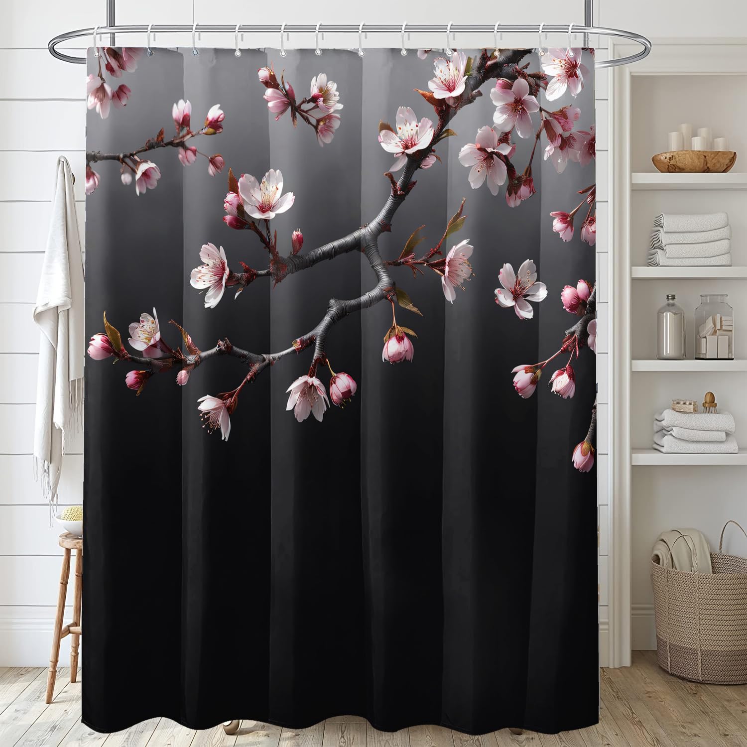 GLWDMB 1 Piece 180x220CM Peach Blossoms Pattern Printed Shower Curtain With Hook, Polyester, for Windows And Walls, Bathtub, Bathroom, Machine Washable, All Season Universal