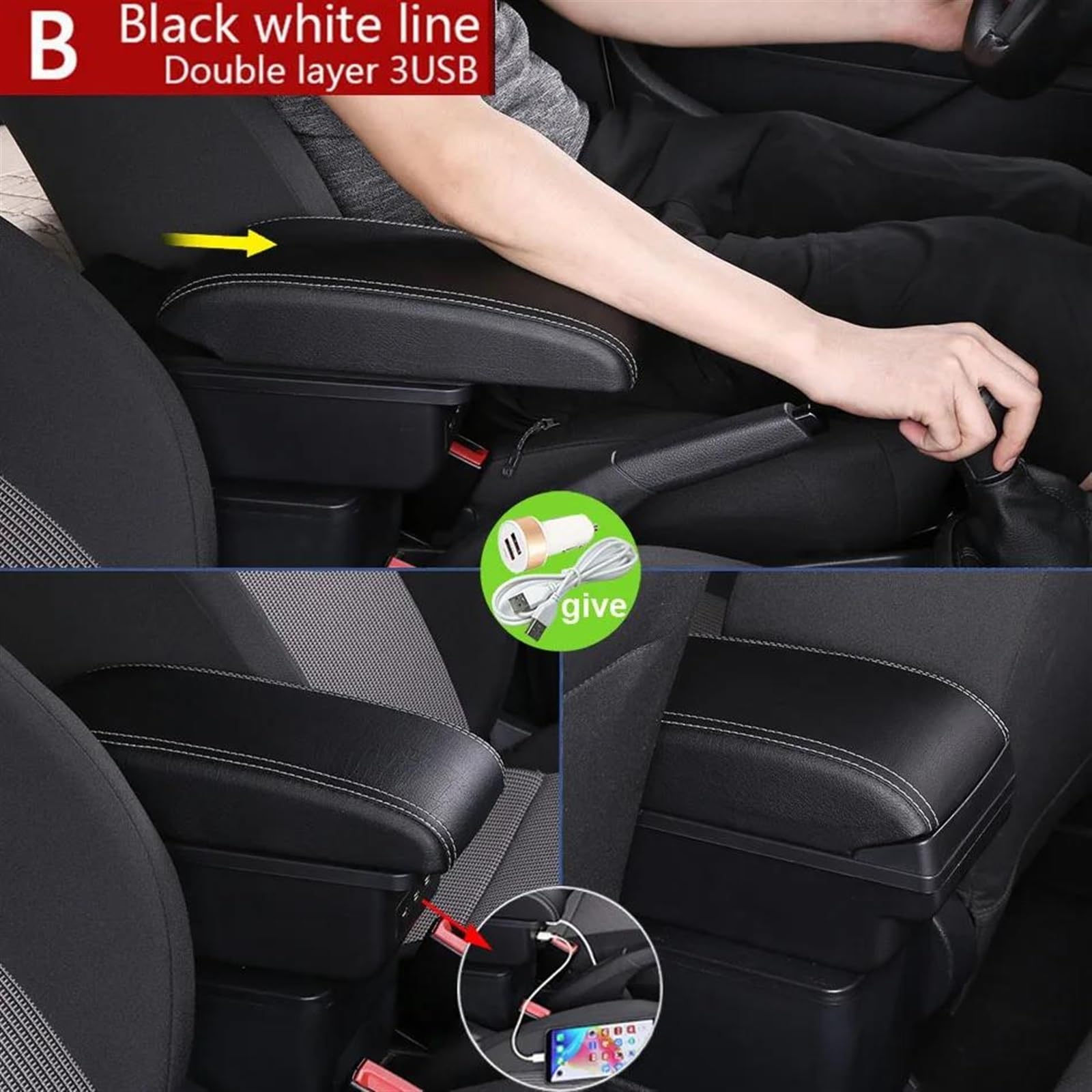 Scatola Bracciolo Con Supporto Multifunzionale Cuscino In PU Accessori Per La Modifica Degli Interni Dell'auto Per Corsa D Consolle centrale(B3 Black white 3US)