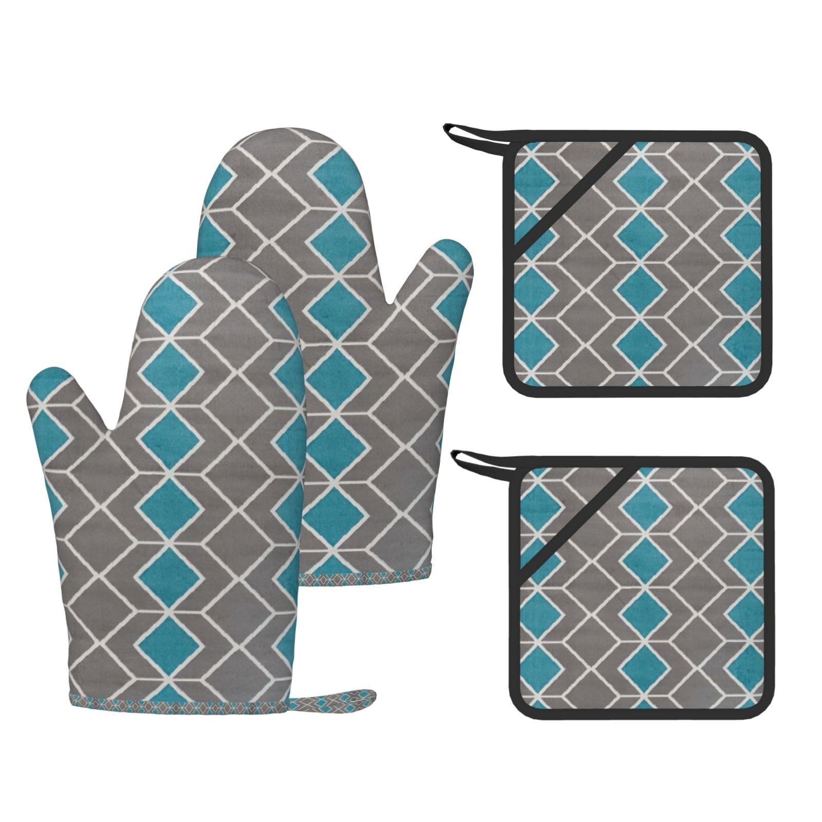 Eeprty Black Blue Grey Lattice Printed Kitchen Oven Gloves And Potholder 4 Pcs, Non-Slip Heat Resistant Mitts For Baking Chef