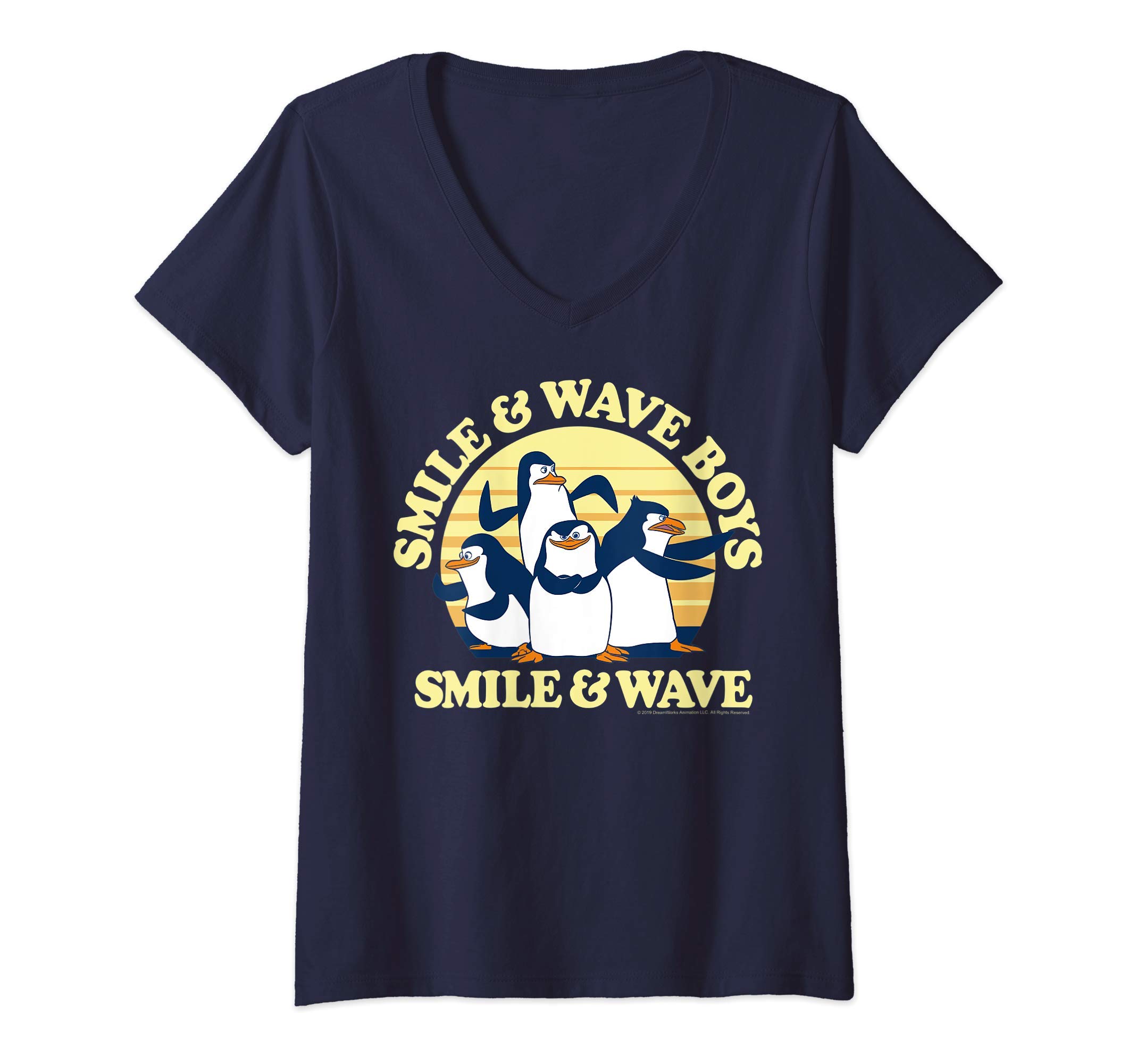 MadagascarWomens Madagascar Penguins Smile And Wave Sunset Text Poster V-Neck T-ShirtOEKO-TEX STANDARD 100