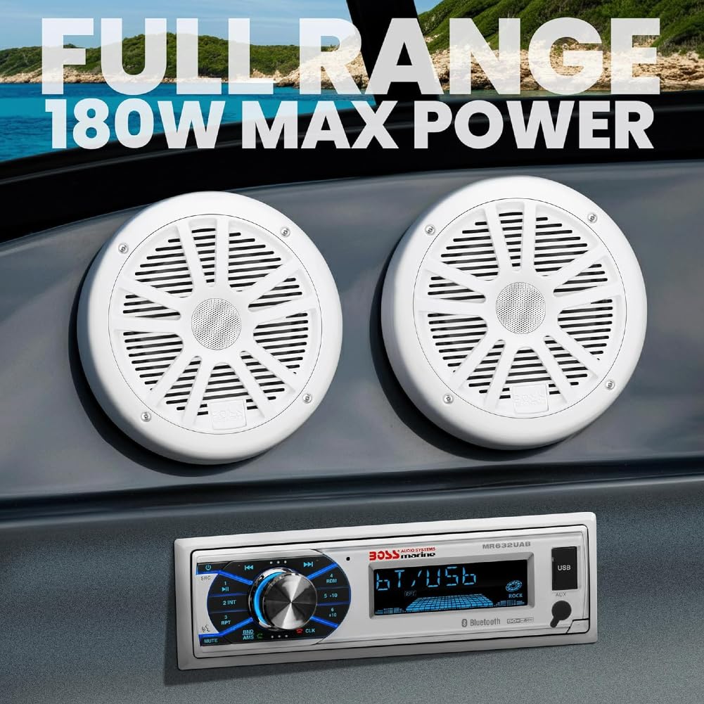 KIT Set Marine FÜR BOSS Audio Systems MCK632WB.6 mit MR632UAB AM/FM-Bluetooth-Stereoempfänger, einem Paar MR6W-Lautsprechern, 90 Watt RMS, 180 Watt max., MRANT10-Dipolantenne, 1 Kit + Zubehör