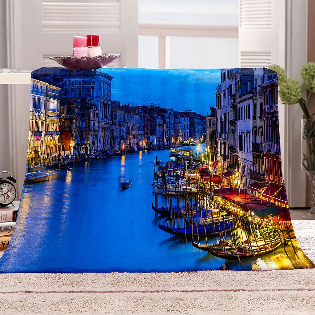 Plaid couverture polaire flanelle de lit 1 personne motif Ville aux Eaux Bleues 130x150cm