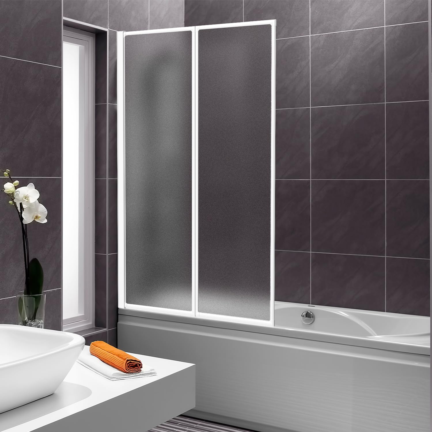 Parete per vasca da bagno 100×140 cm, 2 pannelli Pieghevole in plastica PS resistente alle rotture, Parete doccia con telaio in alluminio bianco, Sopravasca per vasca da bagno con protezione