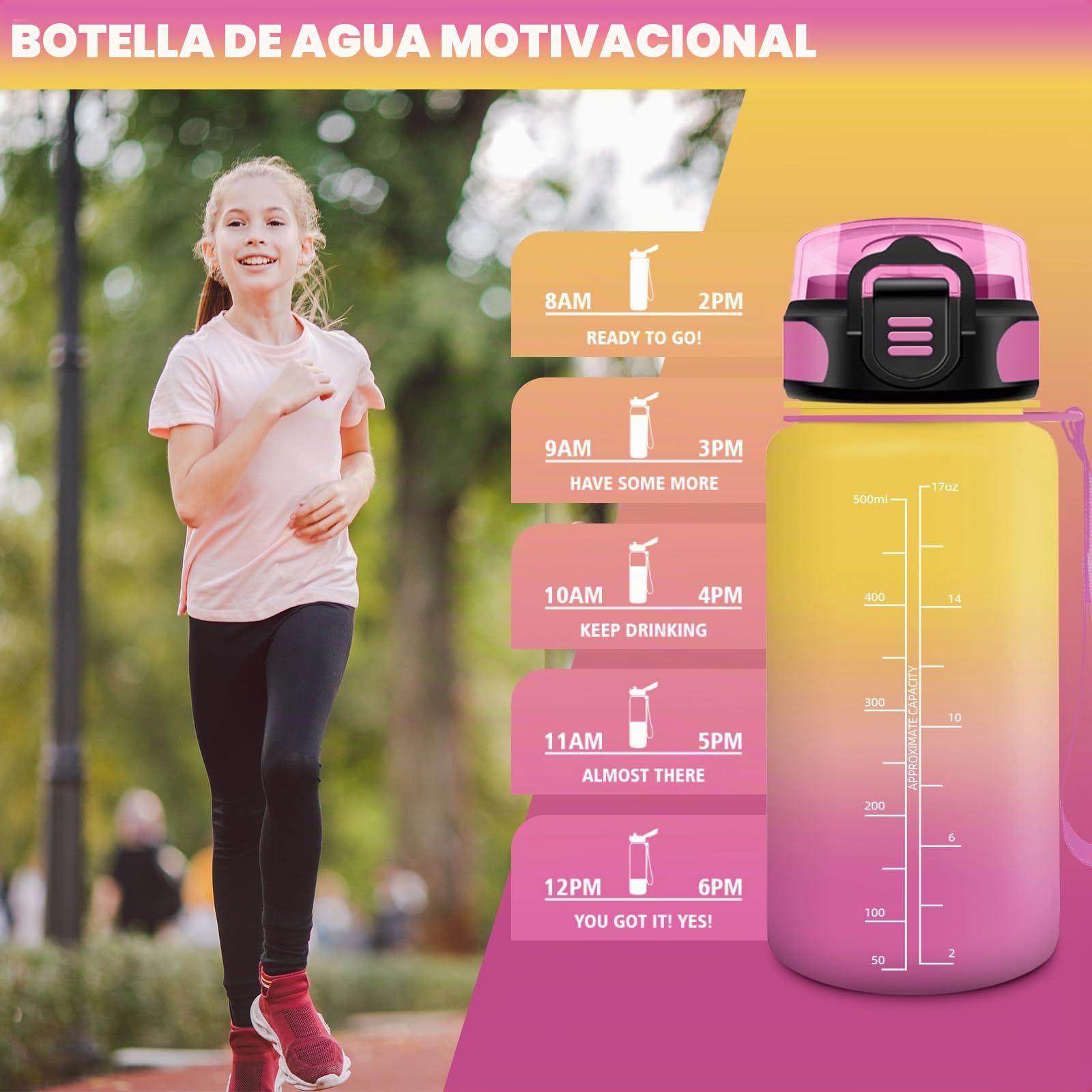 HoneyHolly Botella Agua, 500 ml con Pajita, Botella de Agua, Prueba de Fugas, Botella Agua Niños Colegio, Libre de BPA, Cantimplora para Niños, Deporte, Running, Gimnasio, Bicicleta