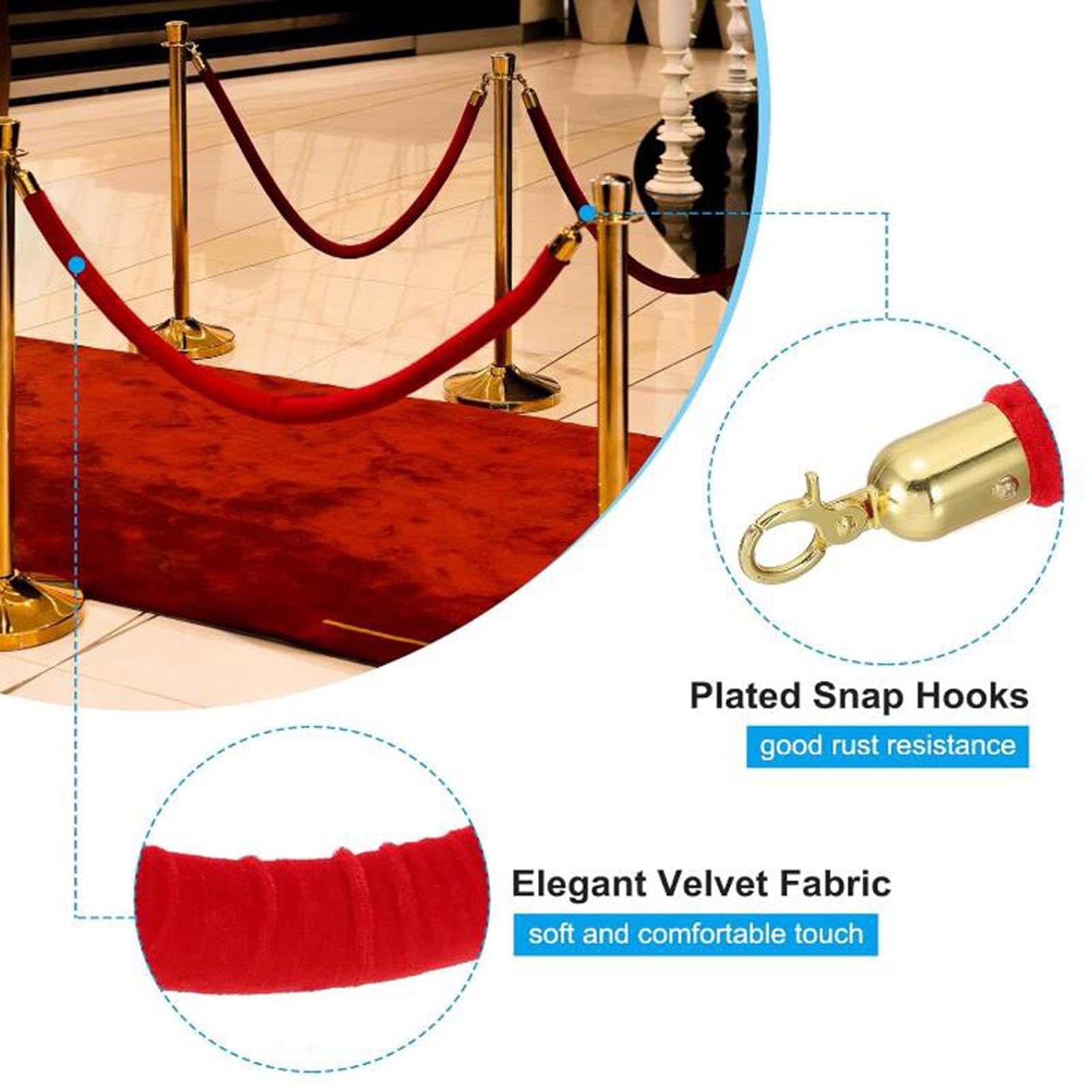 Barriere in corda di velluto, paletti in corda di velluto rosso, confezione da 4, 180 cm/71 pollici, controllo code VIP, ideali per feste, matrimoni, eventi sul tappeto rosso, anteprime cine