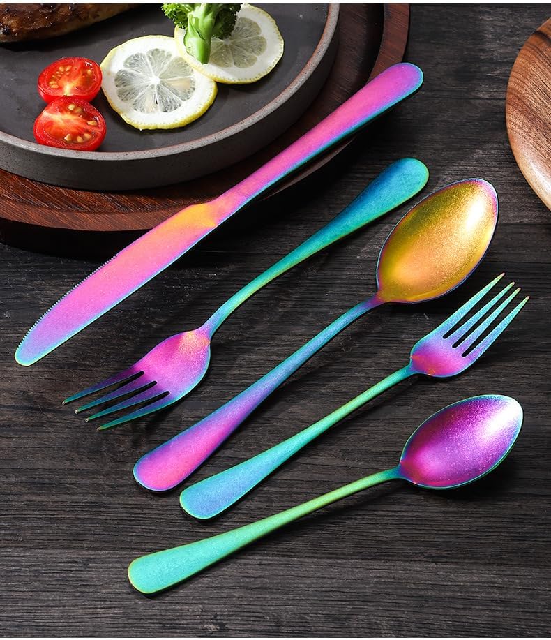 Silverware Flatware Set, 5/20/30/40/50/60pcs Retro Stainless Steel Table Knife Fork Spoon Hotel Steak Knife Fork Spoon Tableware Set(Rainbow,20 Pieces for 4)